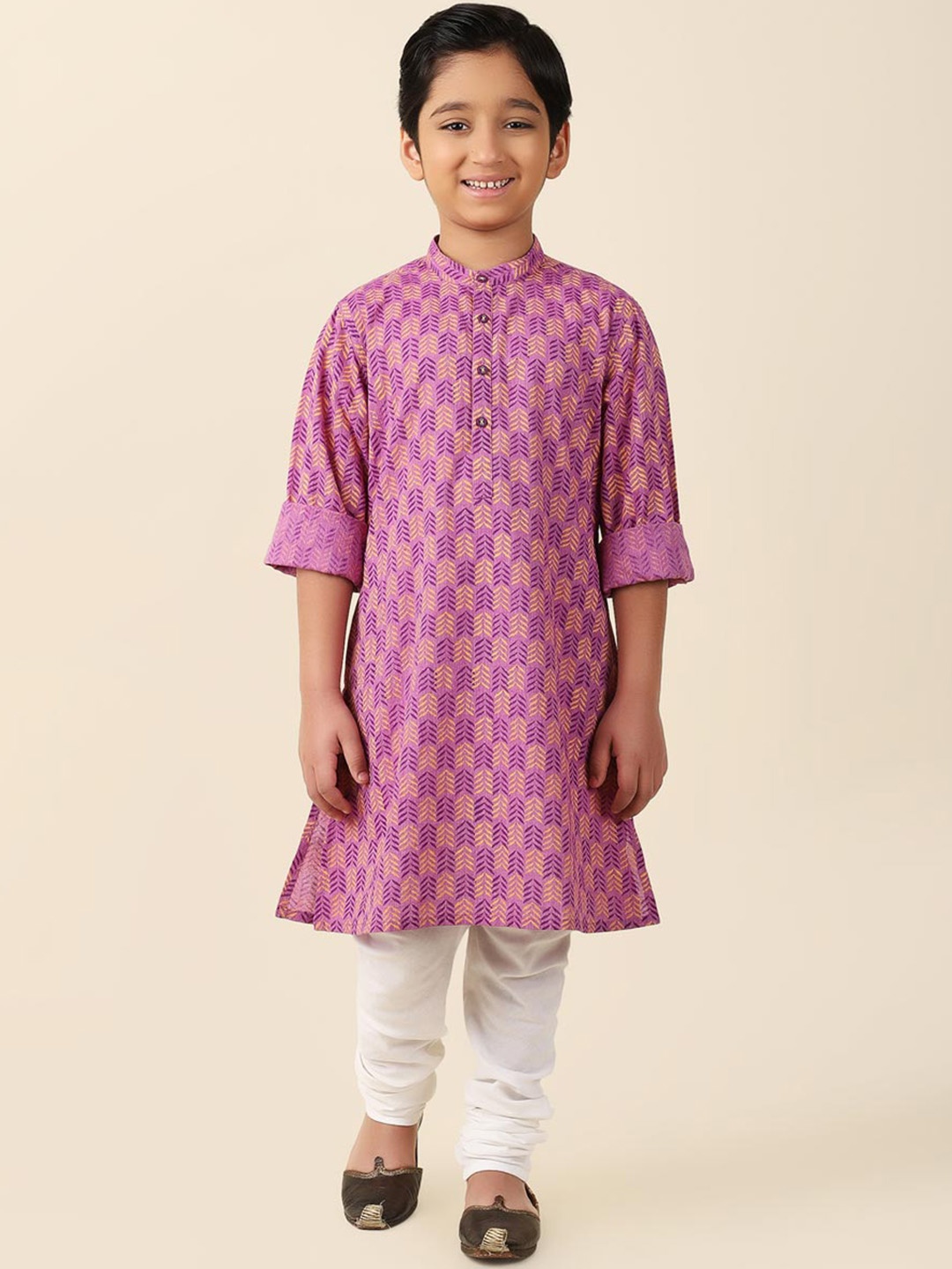 

Fabindia Boys Ethnic Motifs Printed Mandarin Collar Cotton Regular Kurta, Purple