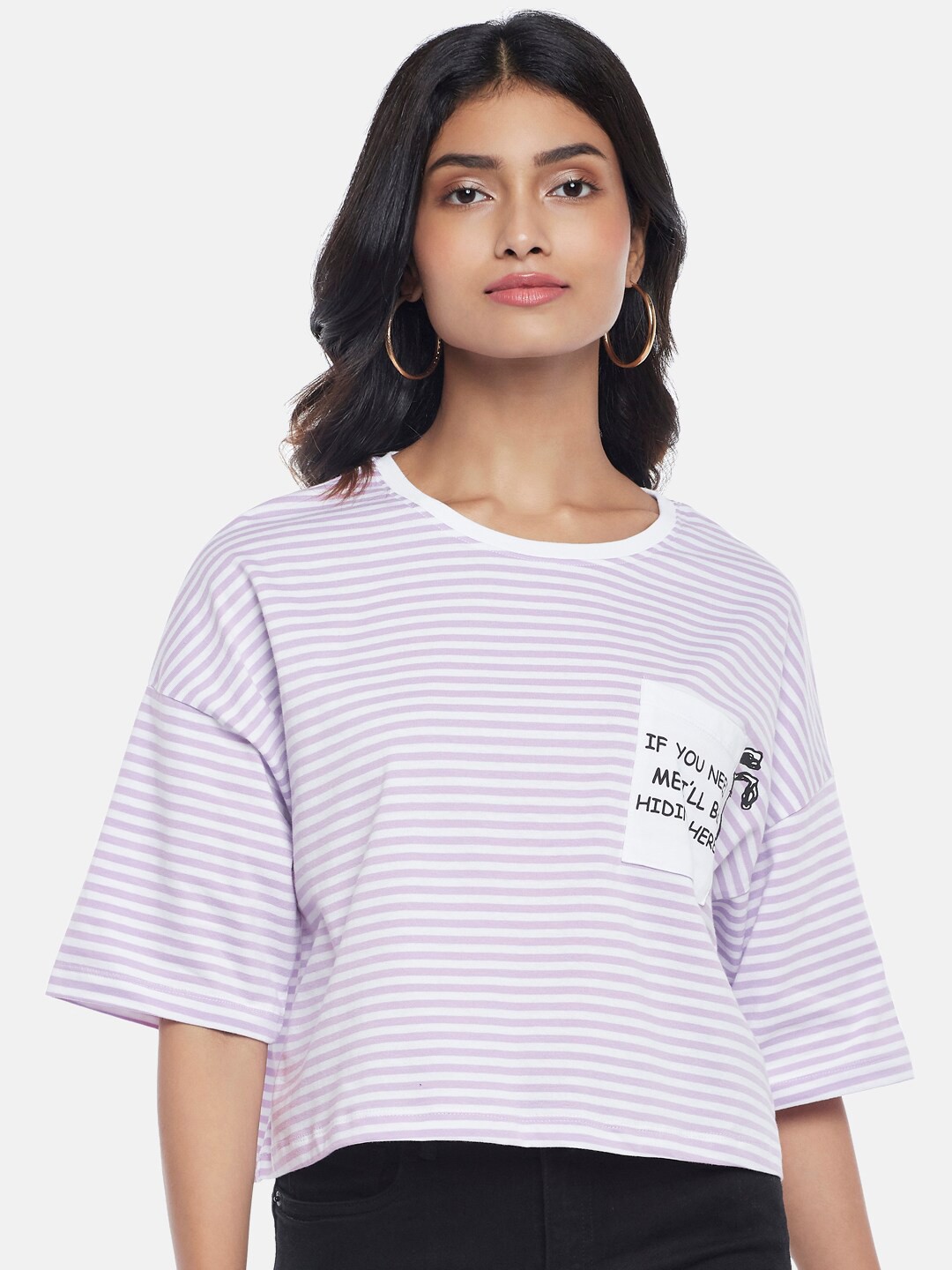 

Honey by Pantaloons Striped Drop-Shoulder Sleeves Cotton Tshirt, Lavender