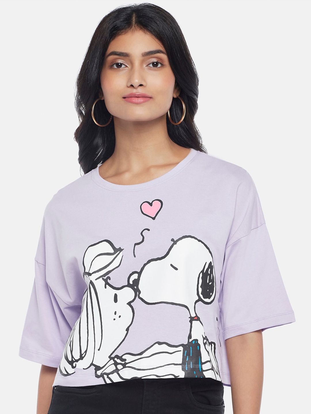

Honey by Pantaloons Snoopy Graphic Printed Cotton Crop Top, Lavender
