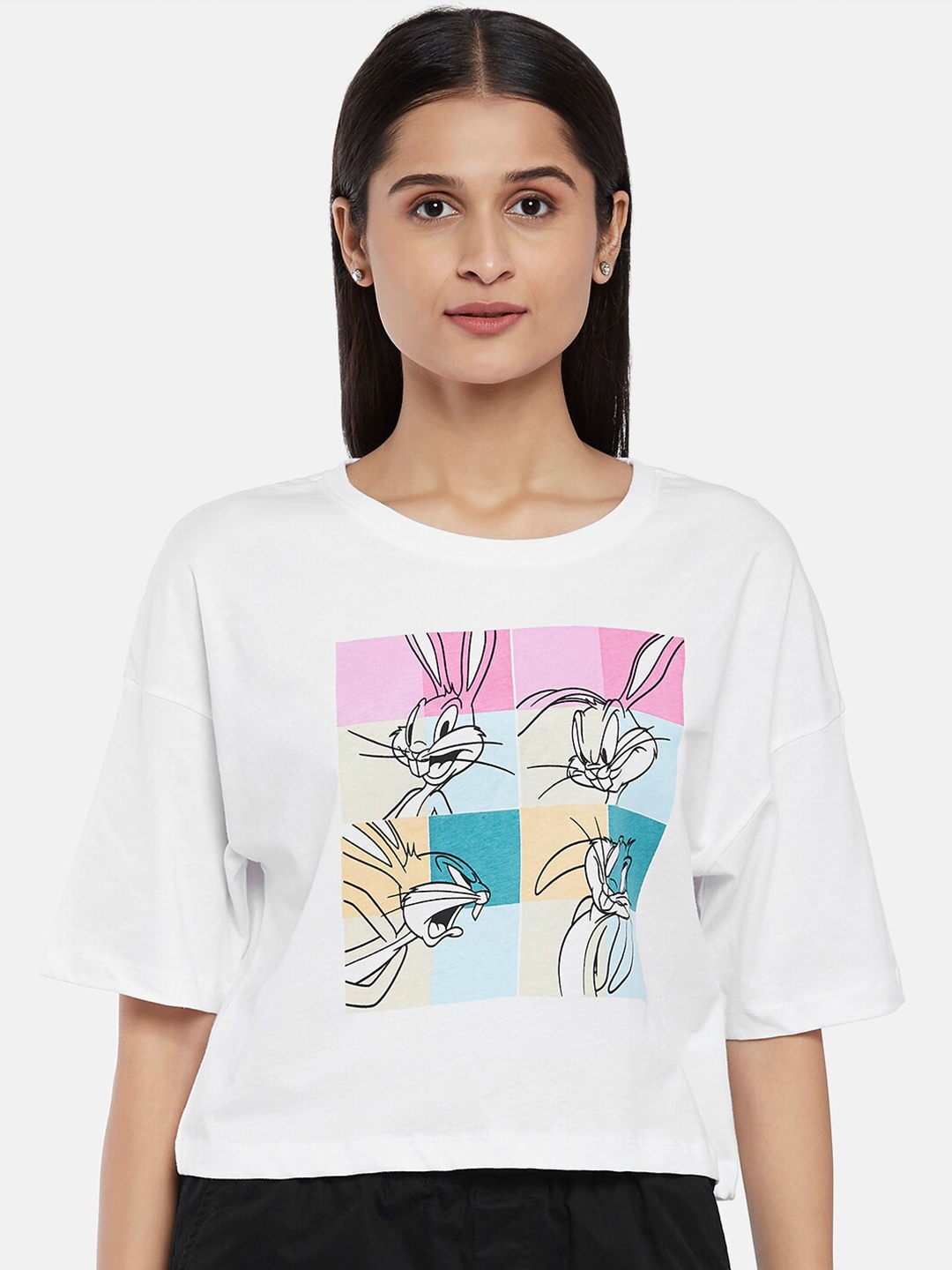 

Honey by Pantaloons Bugs Bunny Graphic Printed Drop-Shoulder Sleeves Cotton Crop Top, White