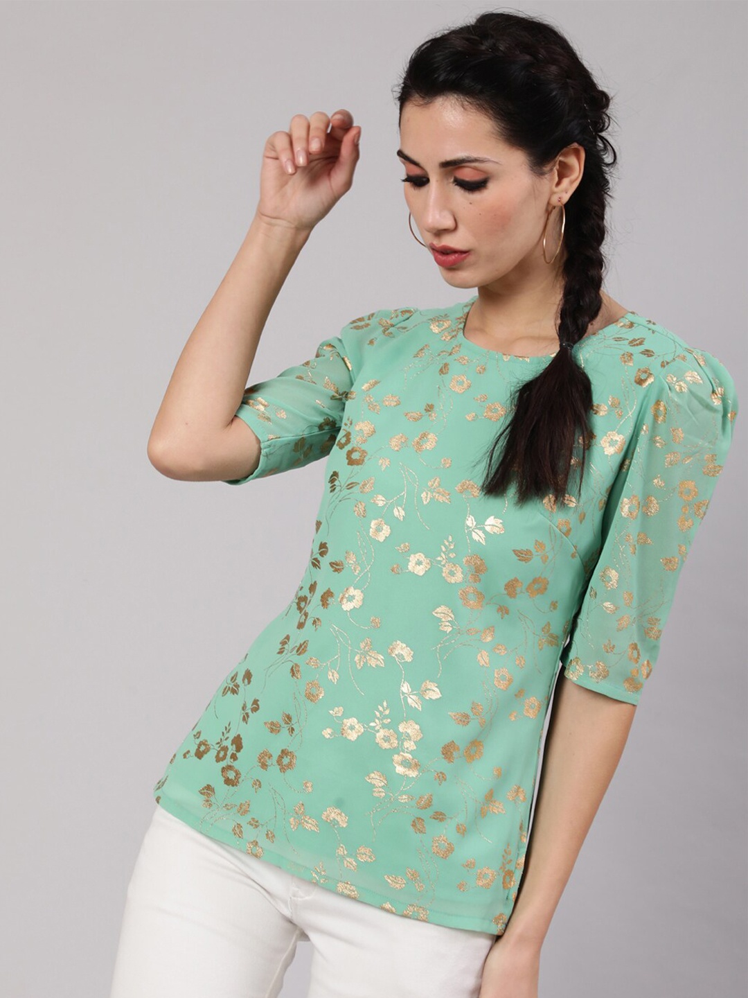 

AKS Floral Printed Puff Sleeves Top, Sea green