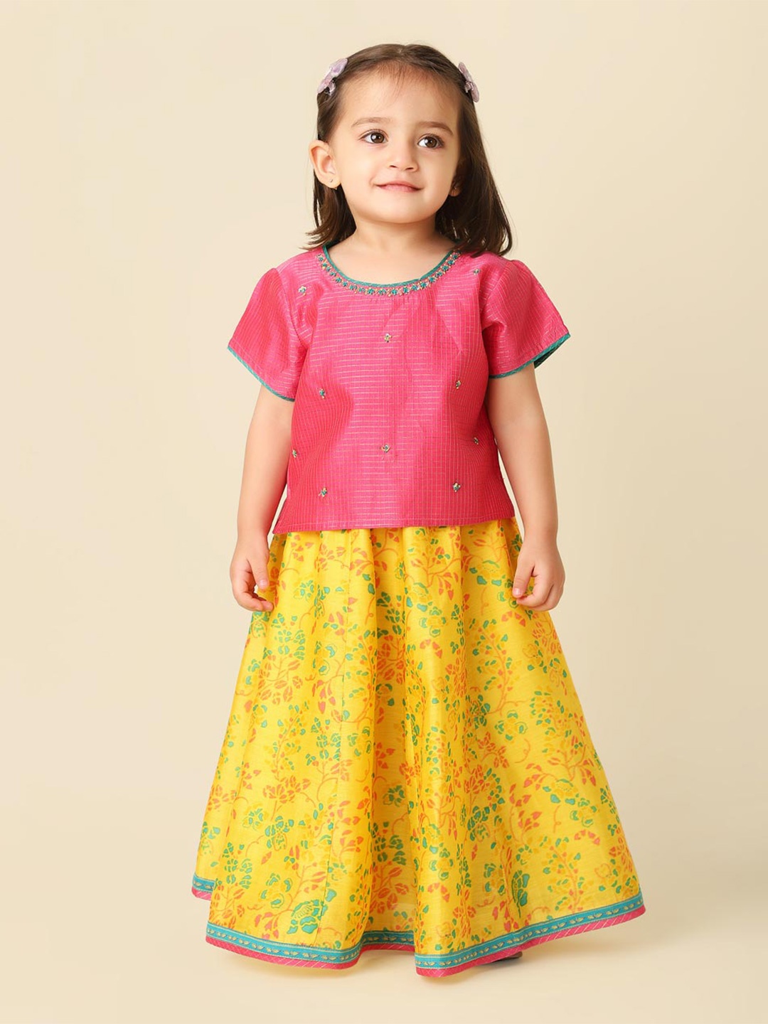 

Fabindia Infant Girls Floral Printed Sequinned Cotton Ready To Wear Lehenga & Choli, Pink