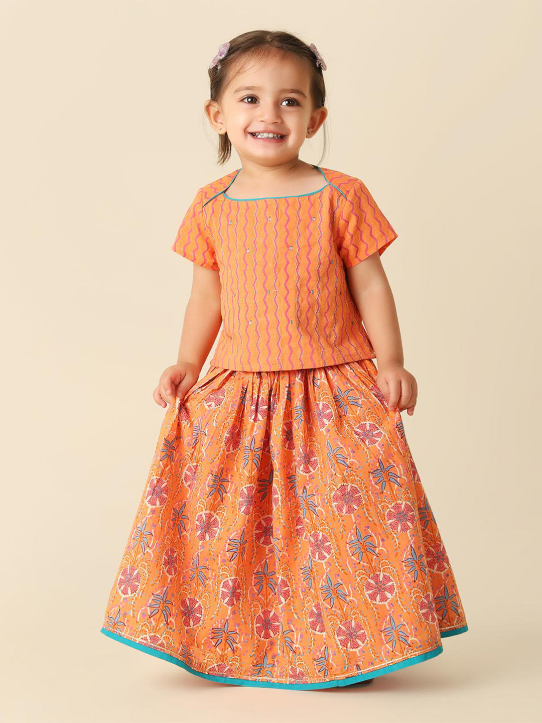 

Fabindia Infants Girls Floral Printed Sequinned Cotton Ready To Wear Lehenga & Choli, Orange