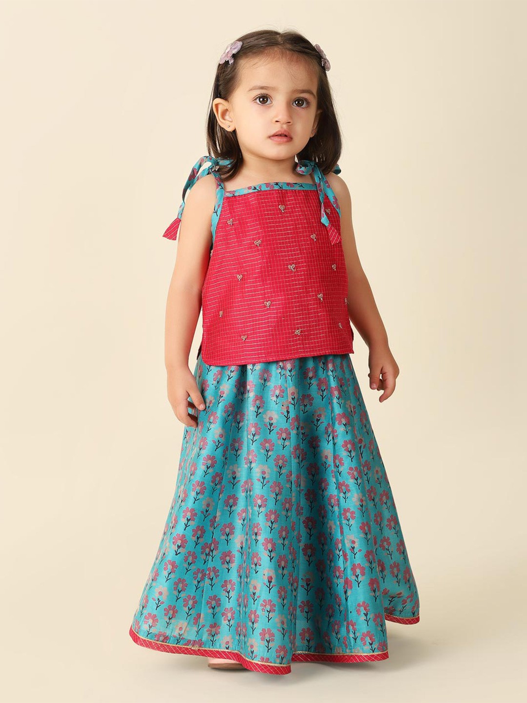 

Fabindia Infant Girls Floral Printed Sequinned Cotton Ready To Wear Lehenga & Choli, Turquoise blue