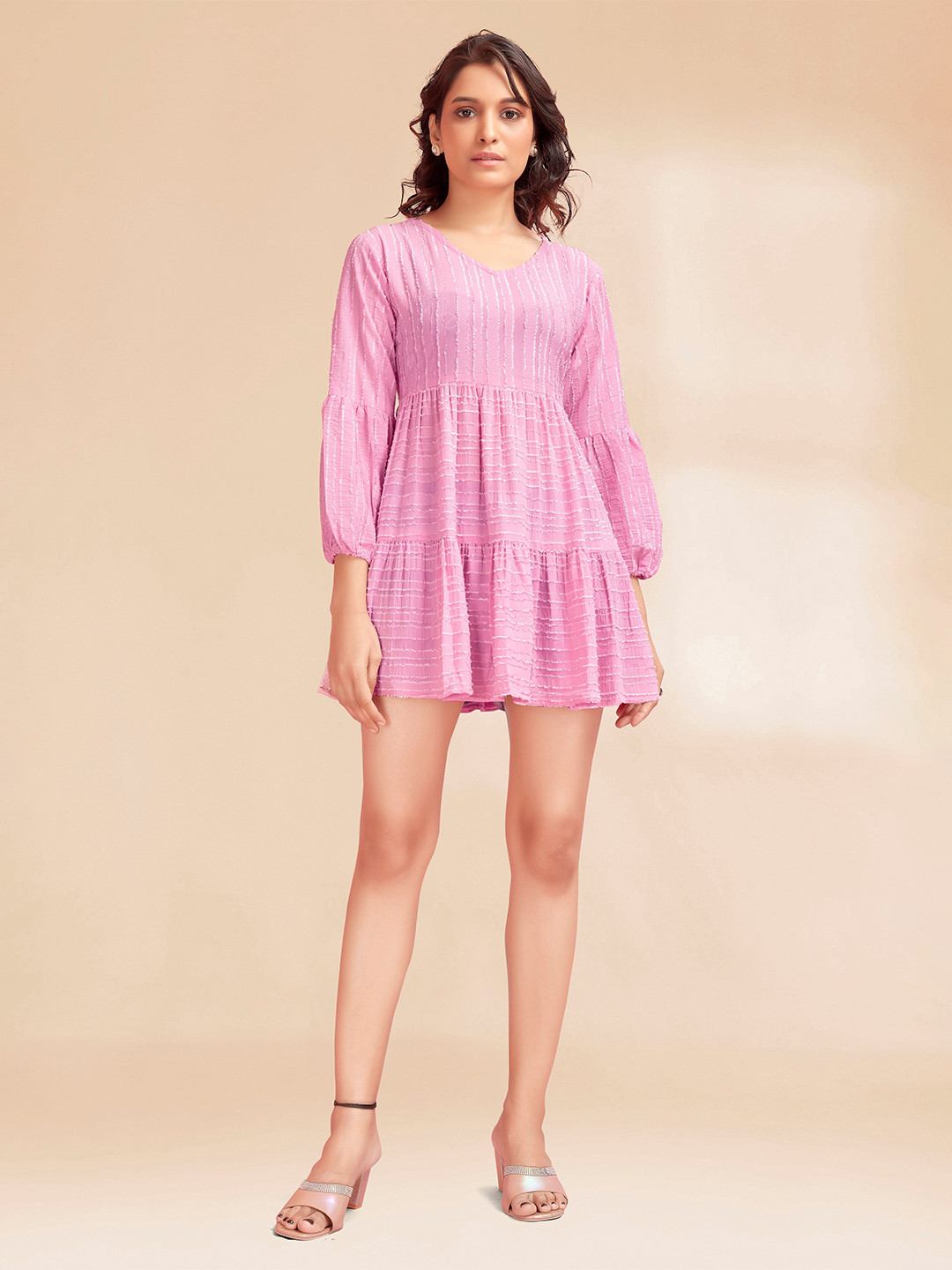 

Winza Designer Self Design V-Neck Tiered Fit & Flare Dress, Pink