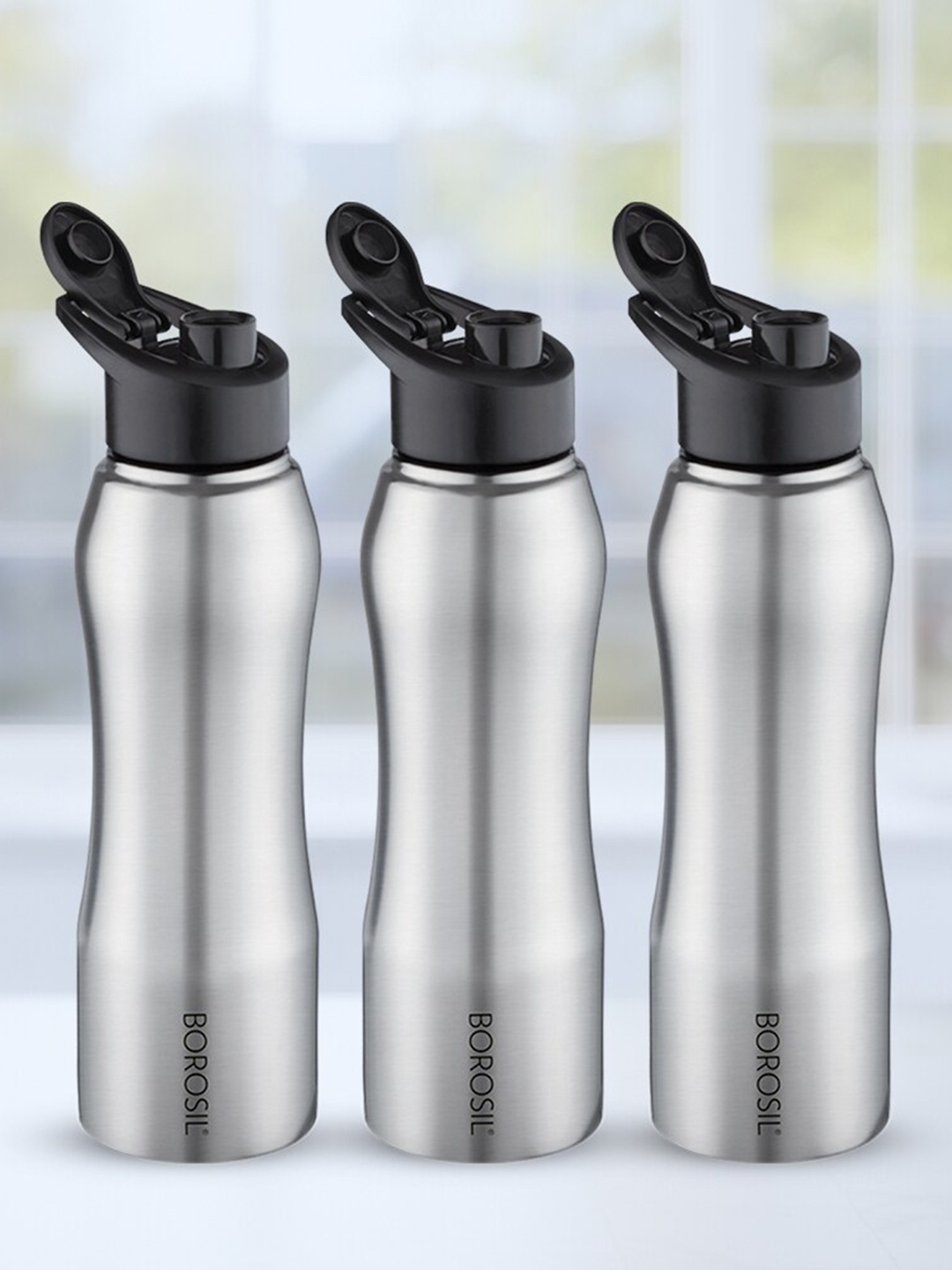 

BOROSIL 3-Pcs Black Stainless Steel Single Wall Water Bottle 750 ML Each, Silver