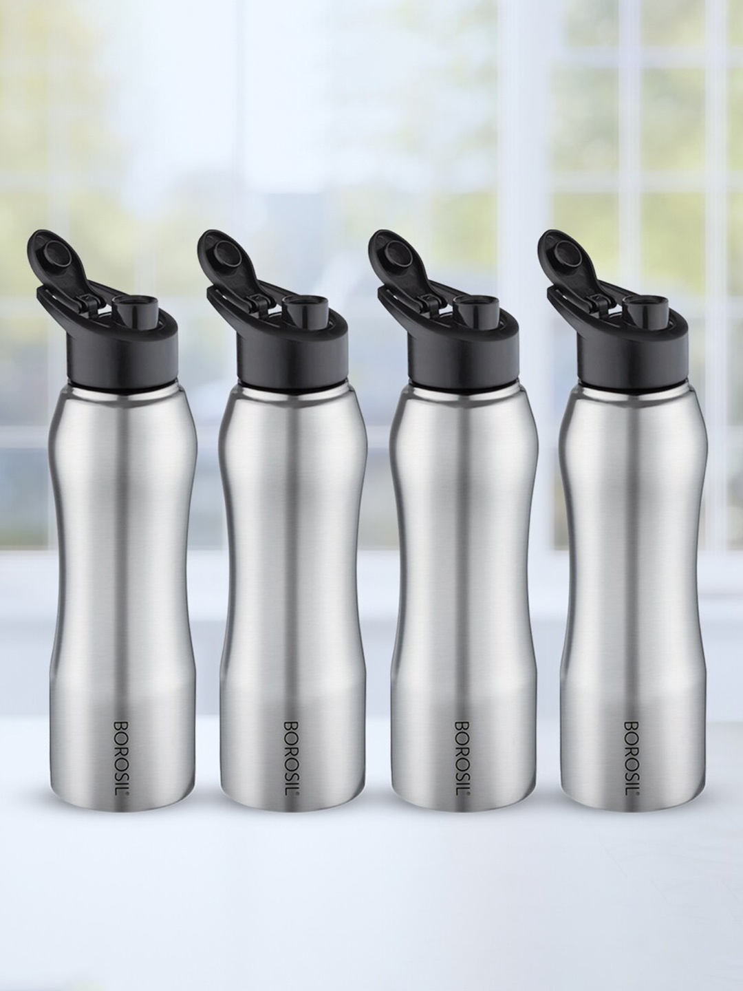 

BOROSIL Grip N Sip 4-Pieces Stainless Steel Single Wall Bottle 750 ml Each, Silver