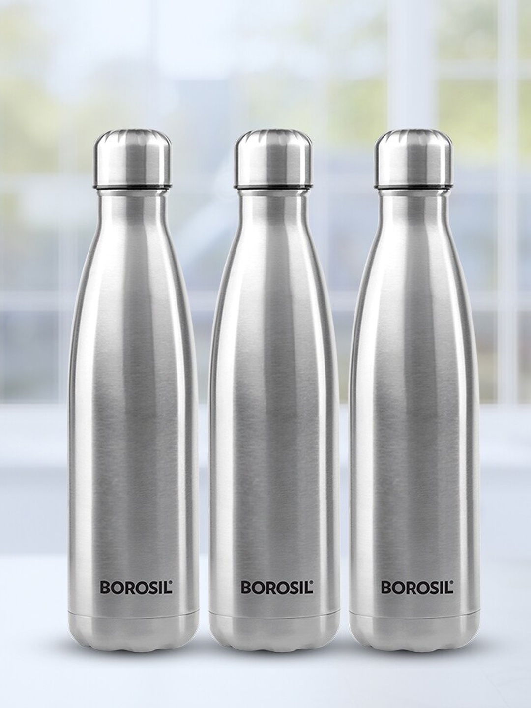 

BOROSIL Bolt 3-Pieces Stainless Steel Single Wall Bottle 1L Each, Silver
