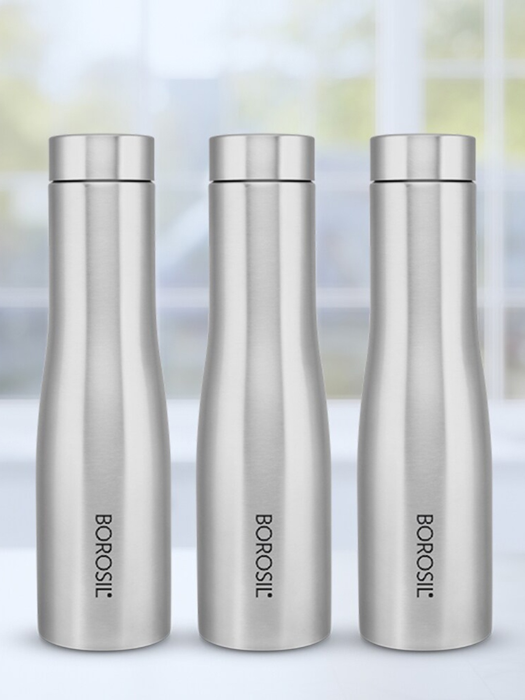 

BOROSIL Swan 3-Pieces Stainless Steel Single Wall Bottle 1L Each, Silver
