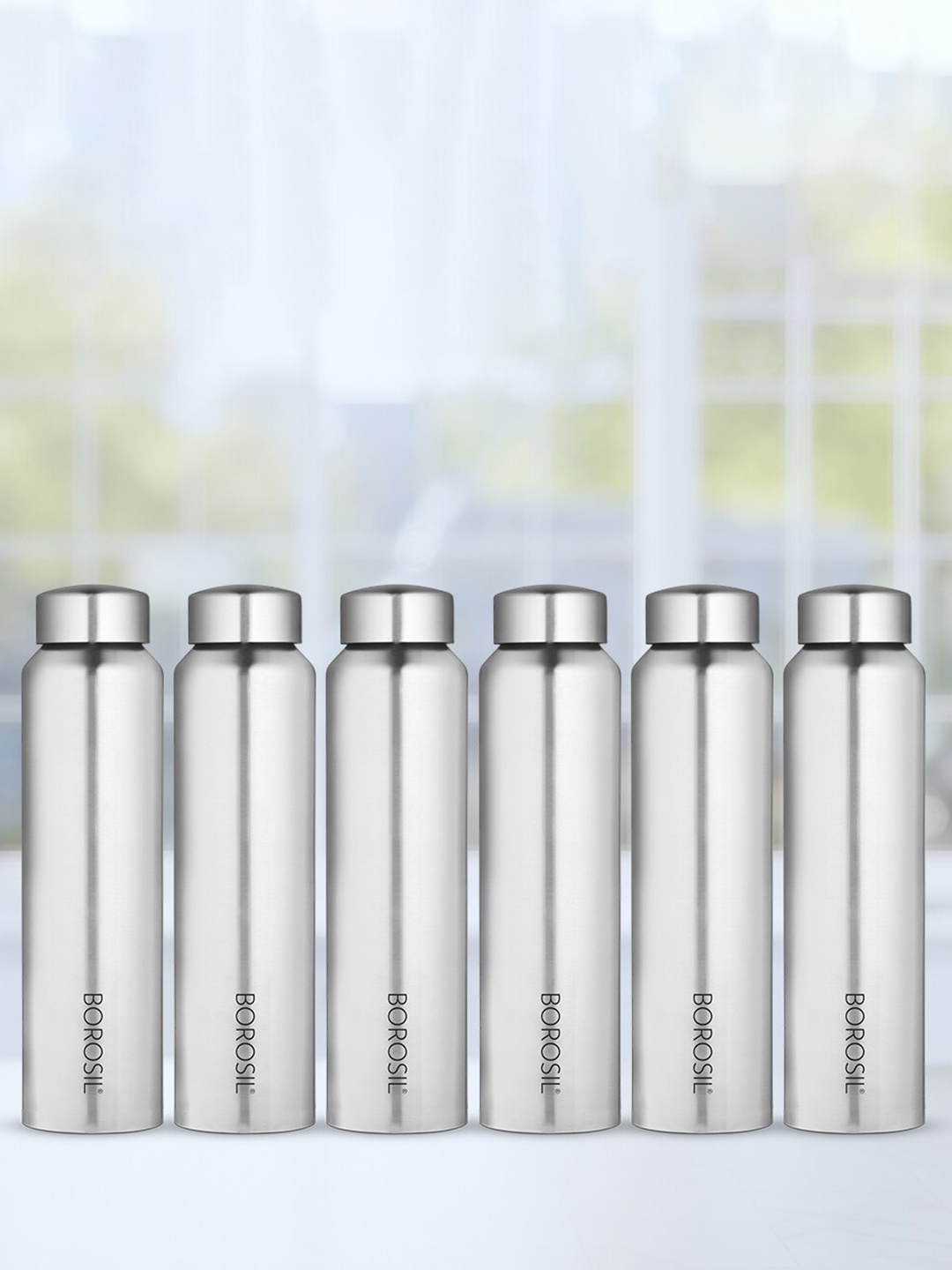 

BOROSIL Aquaslim 6-Pcs Stainless Steel Water Bottles 1L each, Silver