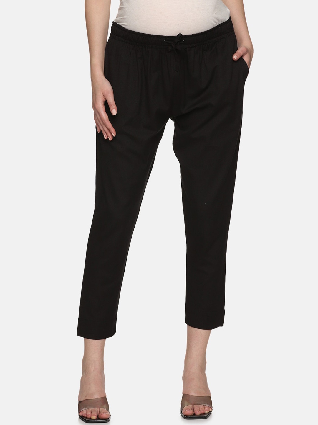

CHARISMOMIC Women Mid-Rise Pleated Linen Maternity Trousers, Black