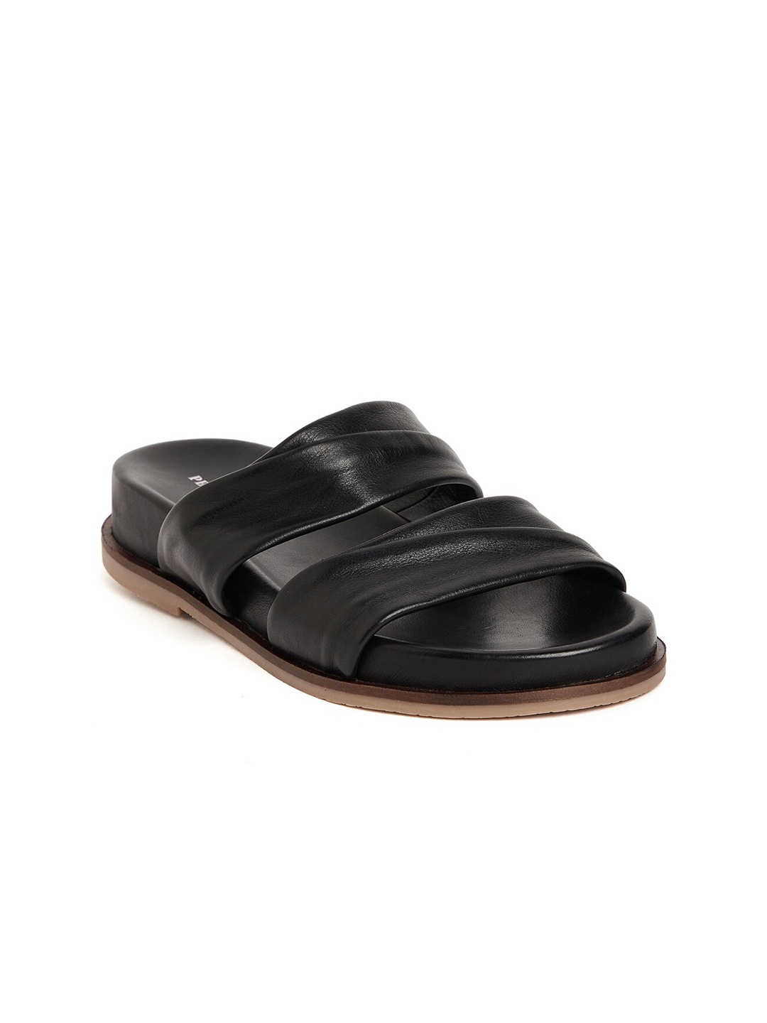 

Peach Flores Double Strap Leather Open Toe Flats, Black