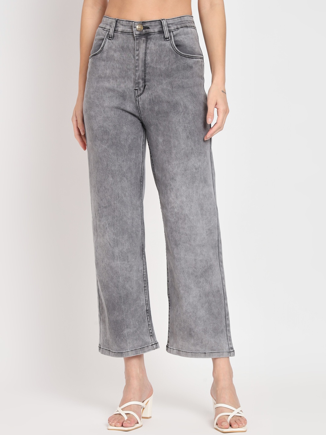 

BAESD Women Grey Straight Fit High-Rise Cropped Cotton Jeans
