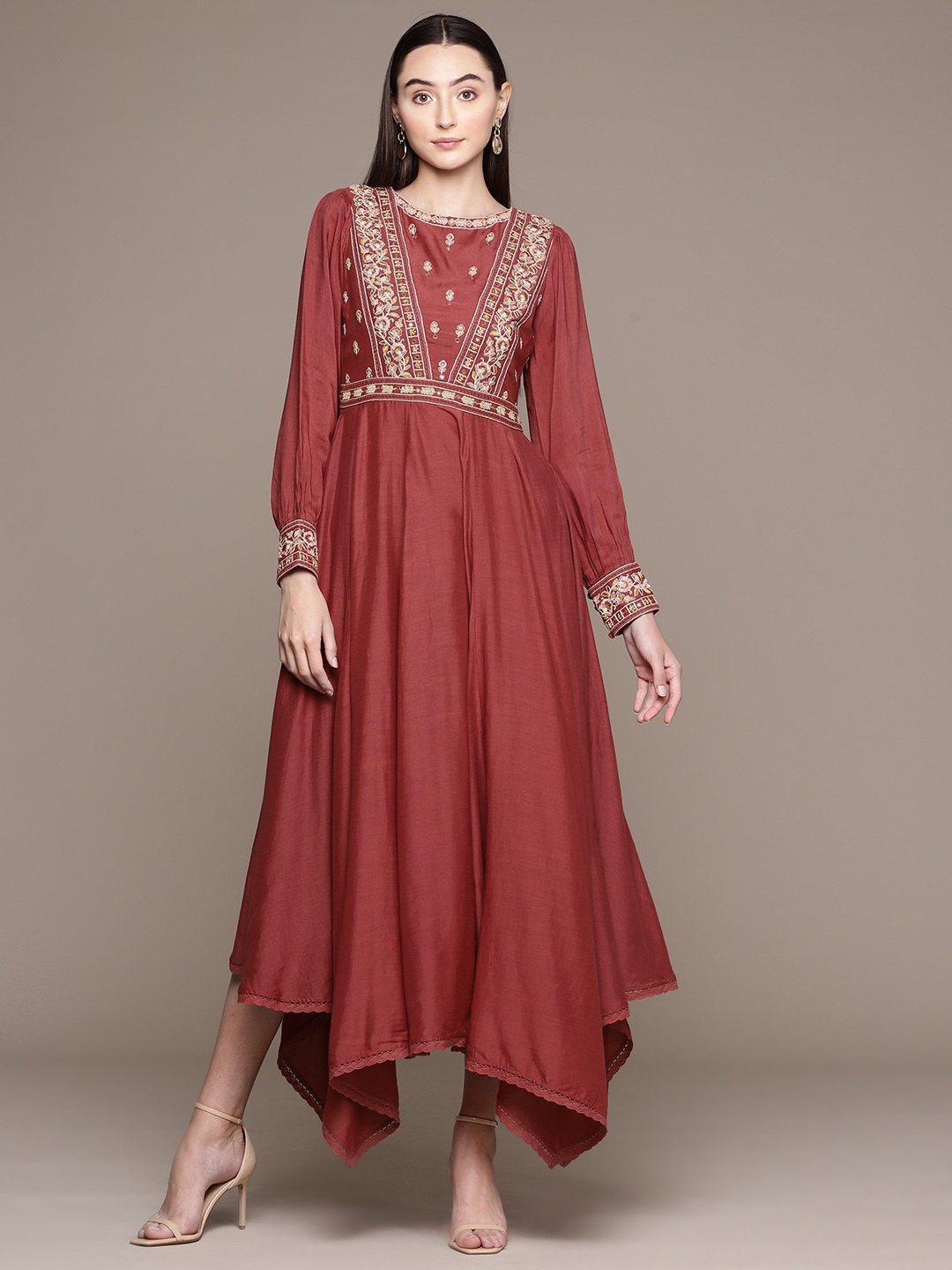 

Ritu Kumar Floral Embroidered Embellished Bishop Sleeves A-Line Midi Dress, Rust