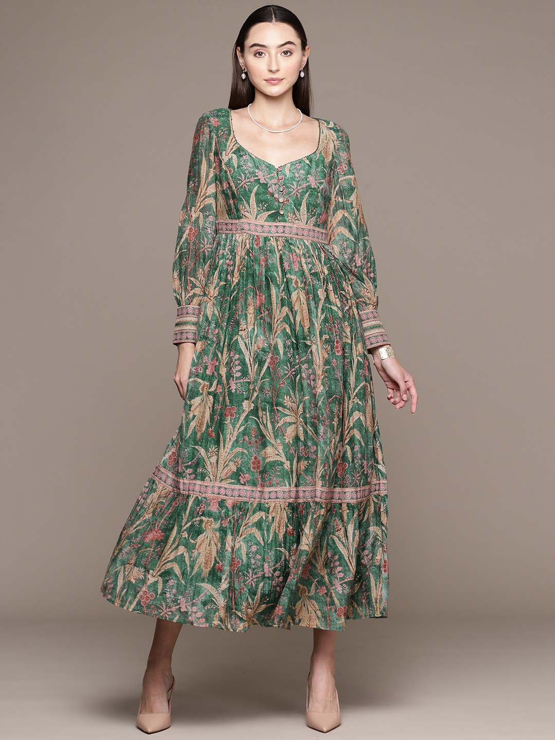 

Ritu Kumar Floral Print Bishop Sleeves Sweetheart Neck Tiered A-Line Midi Dress, Green