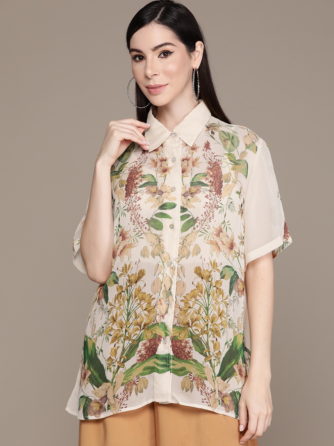 

Ritu Kumar Women Relaxed Floral Semi Sheer Printed Casual Shirt with Camisole, White