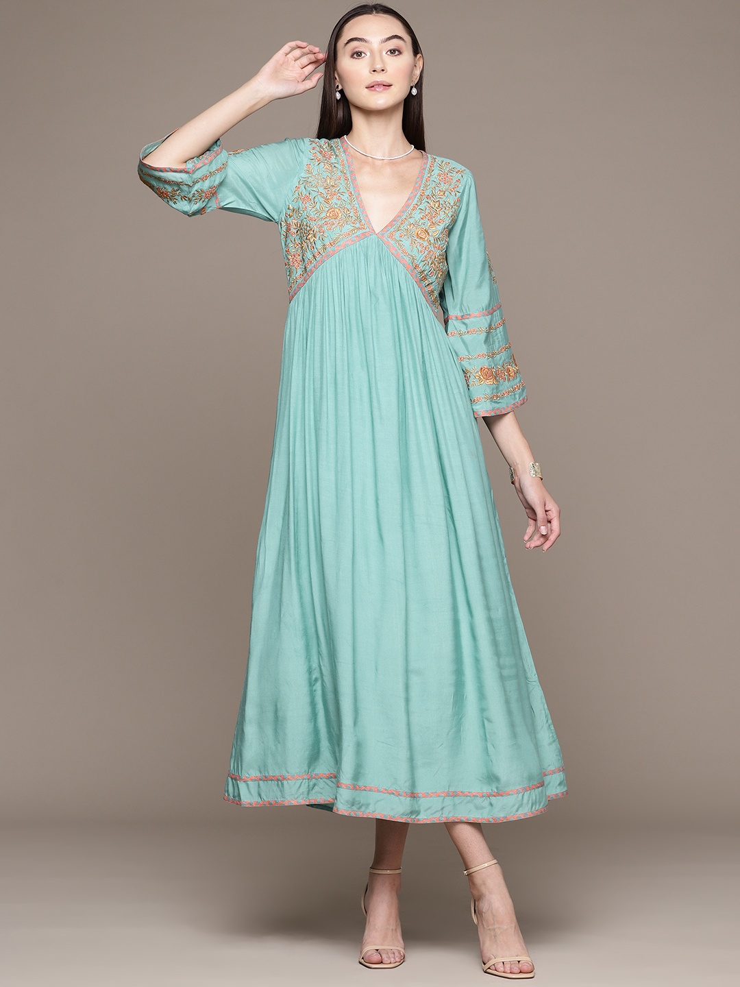 

Ritu Kumar Floral Embroidered Flared Sleeves Empire Midi Dress, Blue