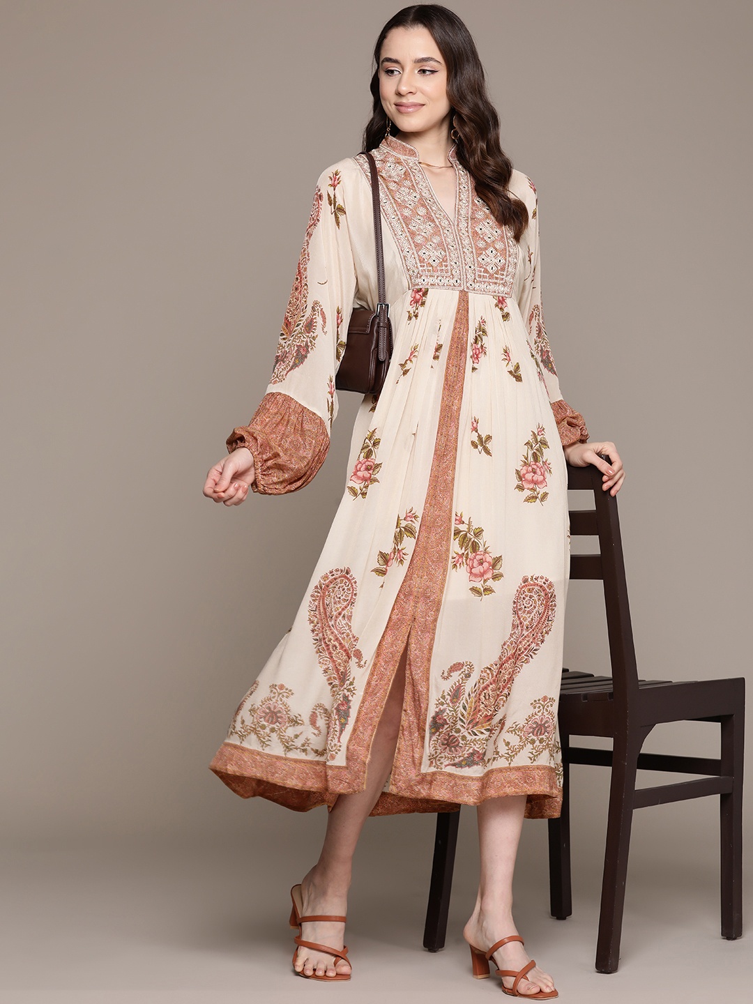 

Ritu Kumar Ethnic Motifs Print Bishop Sleeve Crepe A-Line Midi Dress, Off white