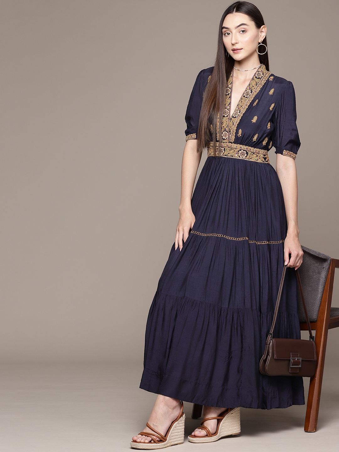 

Ritu Kumar Ethnic Motifs Embroidered Puff Sleeve A-Line Maxi Dress, Navy blue