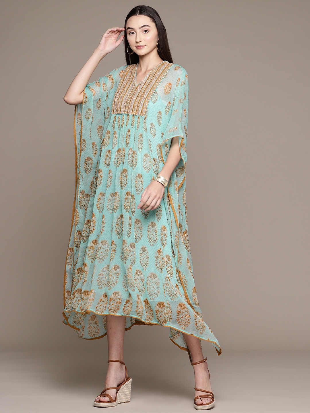 

Ritu Kumar Ethnic Motifs Print Kimono Sleeve Chiffon Kaftan Midi Dress, Turquoise blue