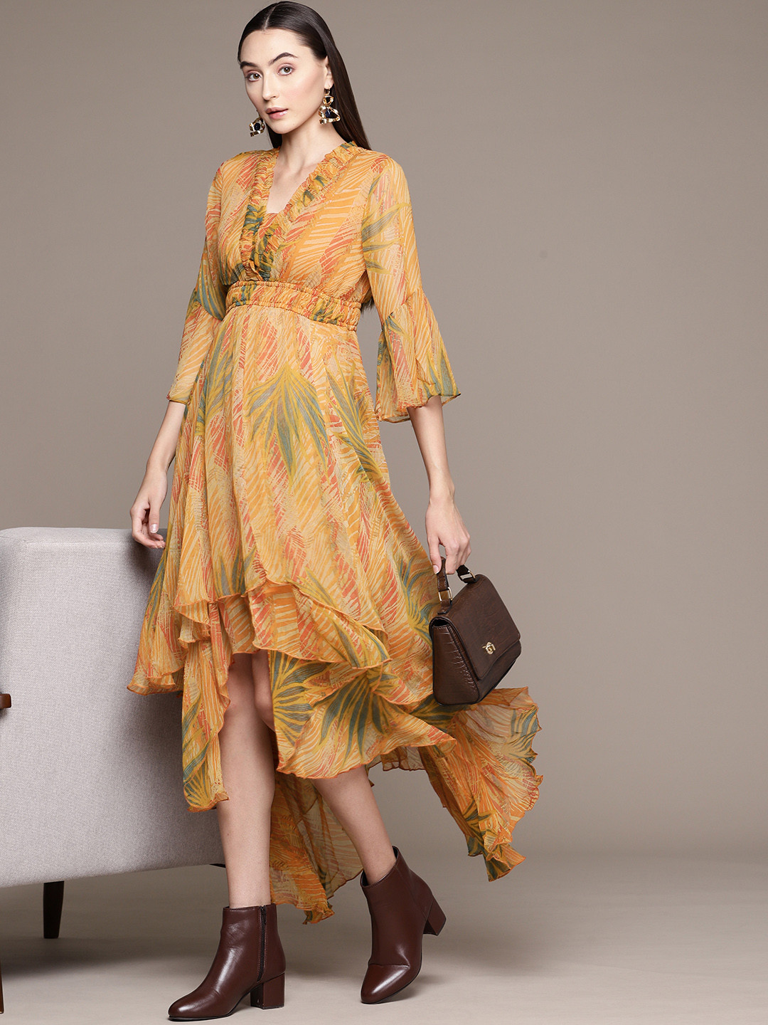 

Ritu Kumar Floral Print Bell Sleeve Ruffled Chiffon A-Line Midi Dress, Mustard
