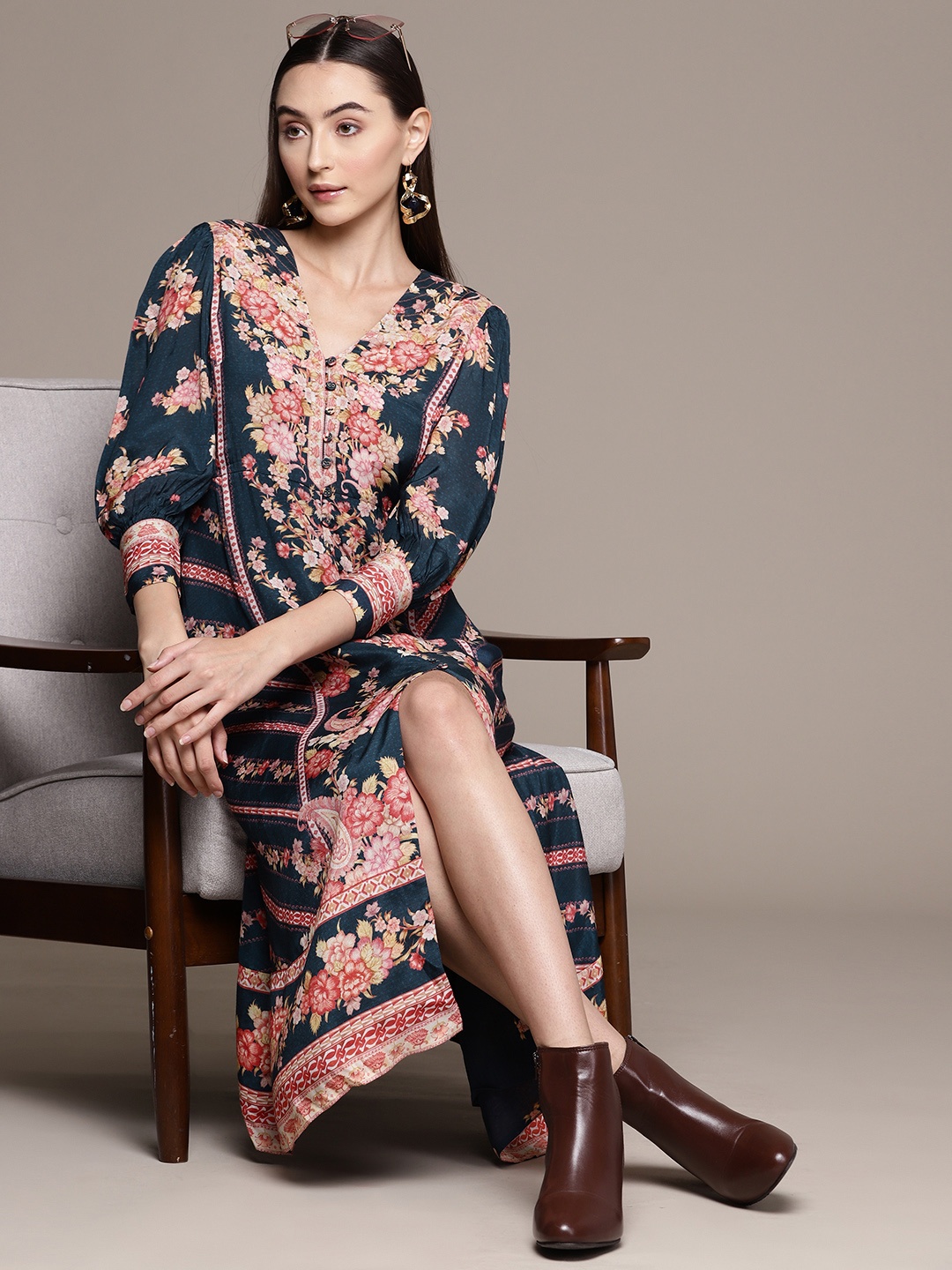 

Ritu Kumar Floral Print Puff Sleeve A-Line Midi Dress, Navy blue
