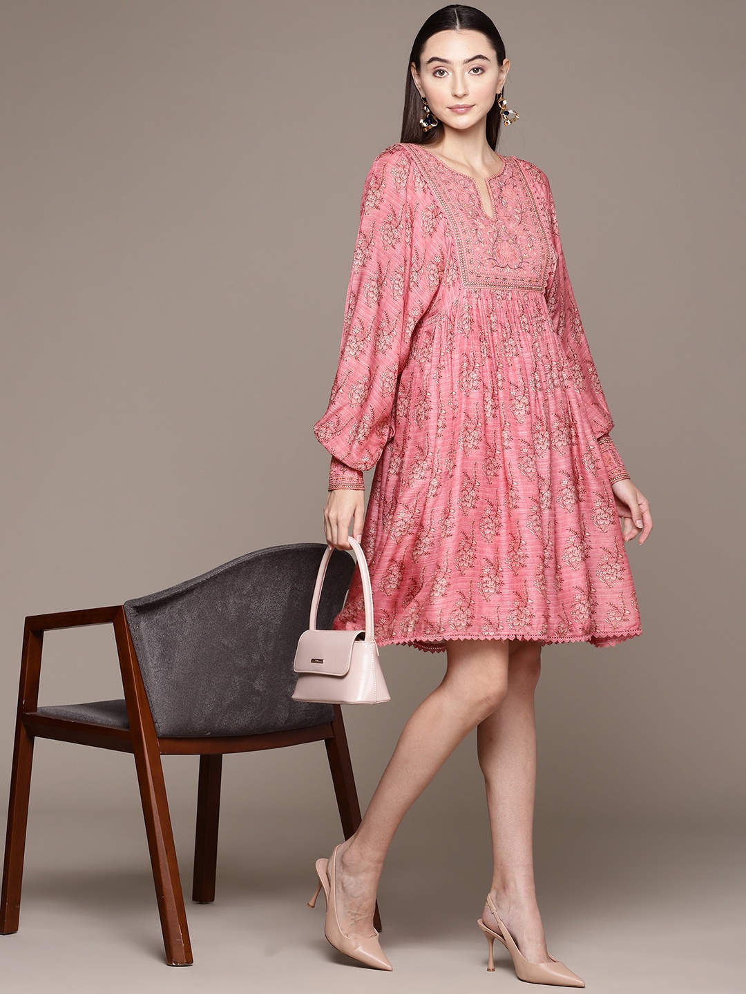 

Ritu Kumar Floral Print Puff Sleeve A-Line Dress, Pink