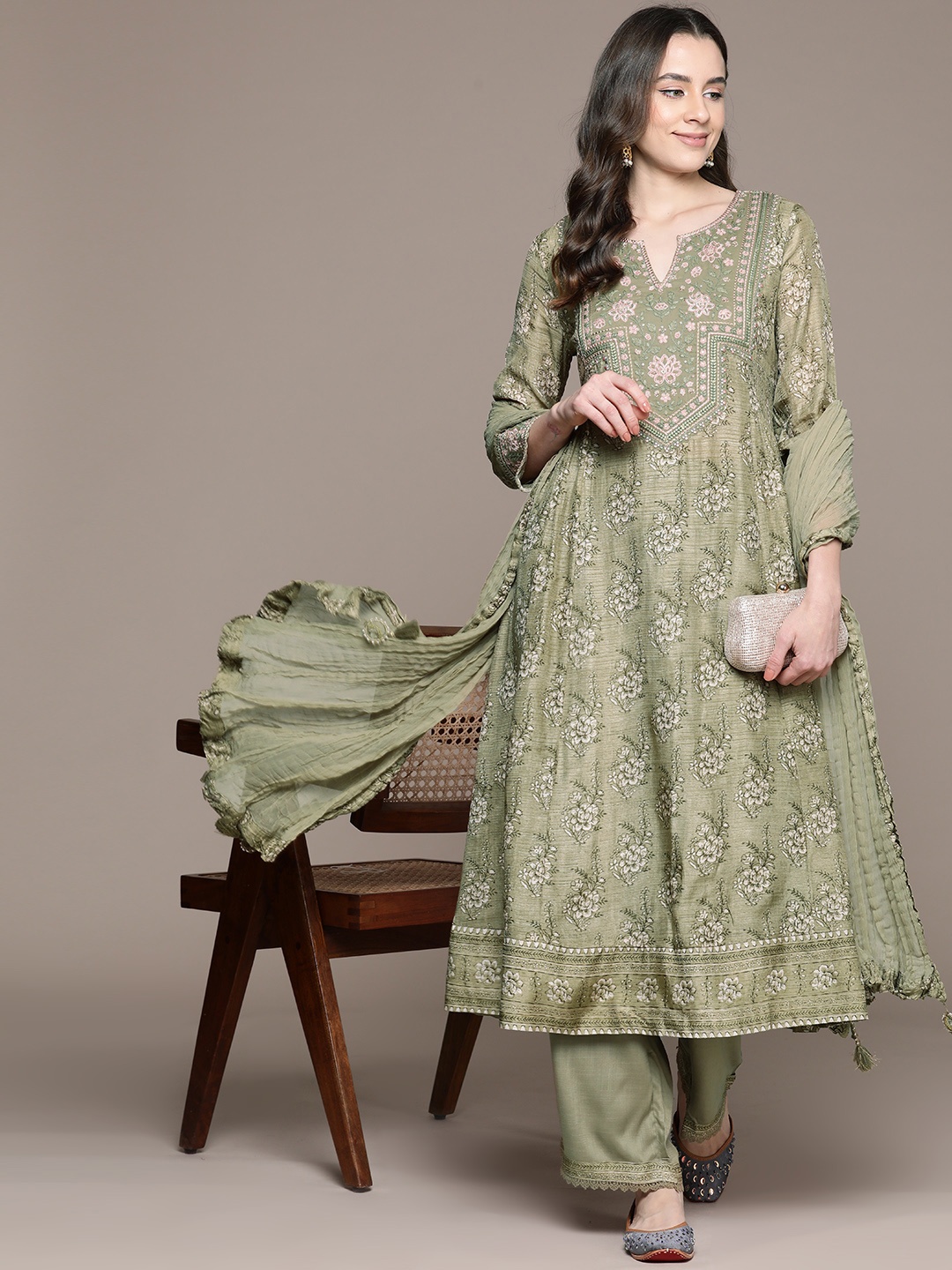 

Ritu Kumar Floral Print Embroidered Kurta with Palazzos & Dupatta, Green