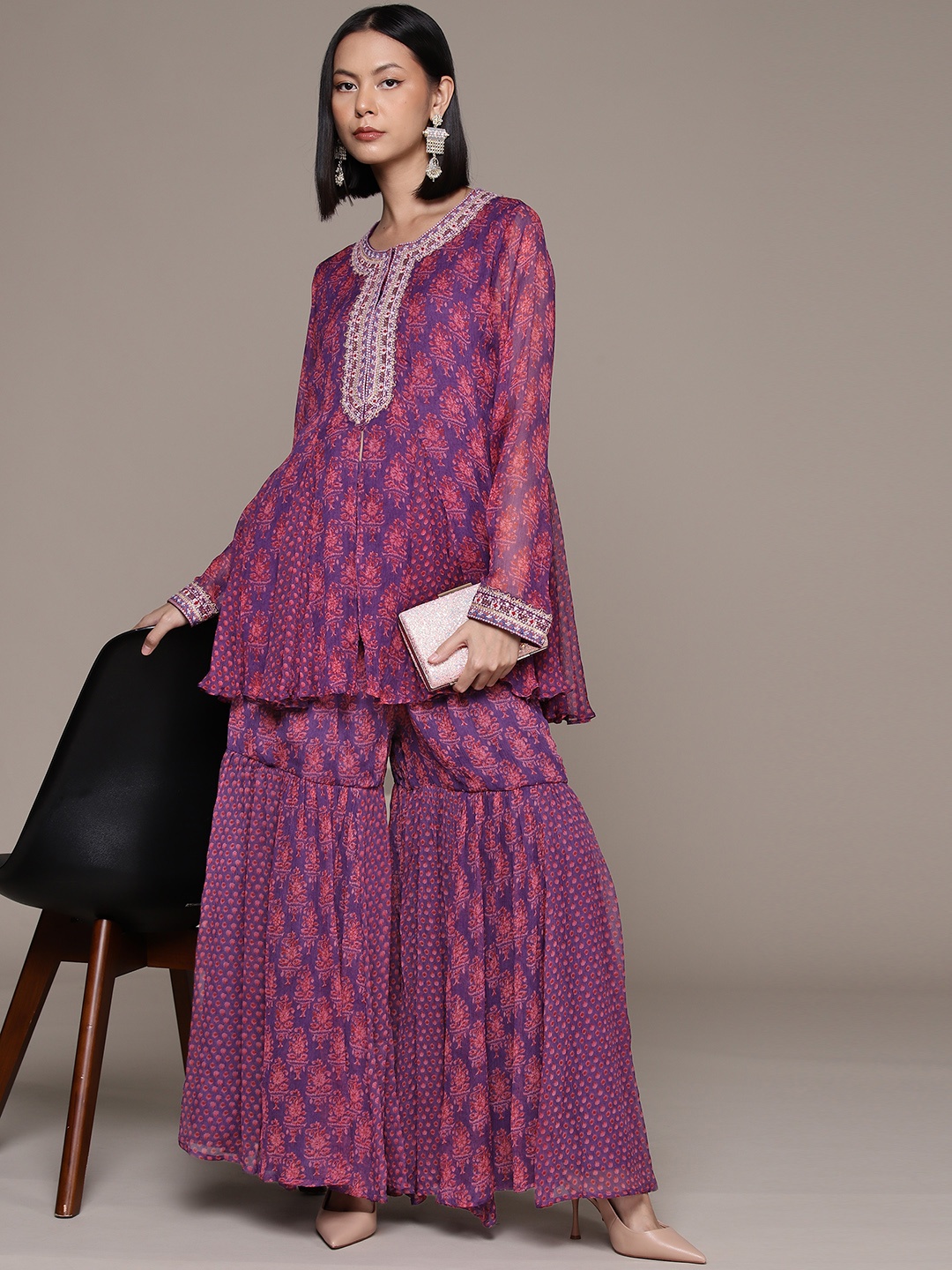 

Ritu Kumar Floral Embroidered Pleated Sequinned Kurti with Sharara, Purple