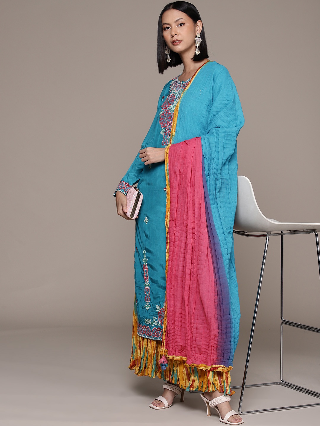 

Ritu Kumar Floral Embroidered Regular Mirror Work Kurta with Palazzos & Dupatta, Blue