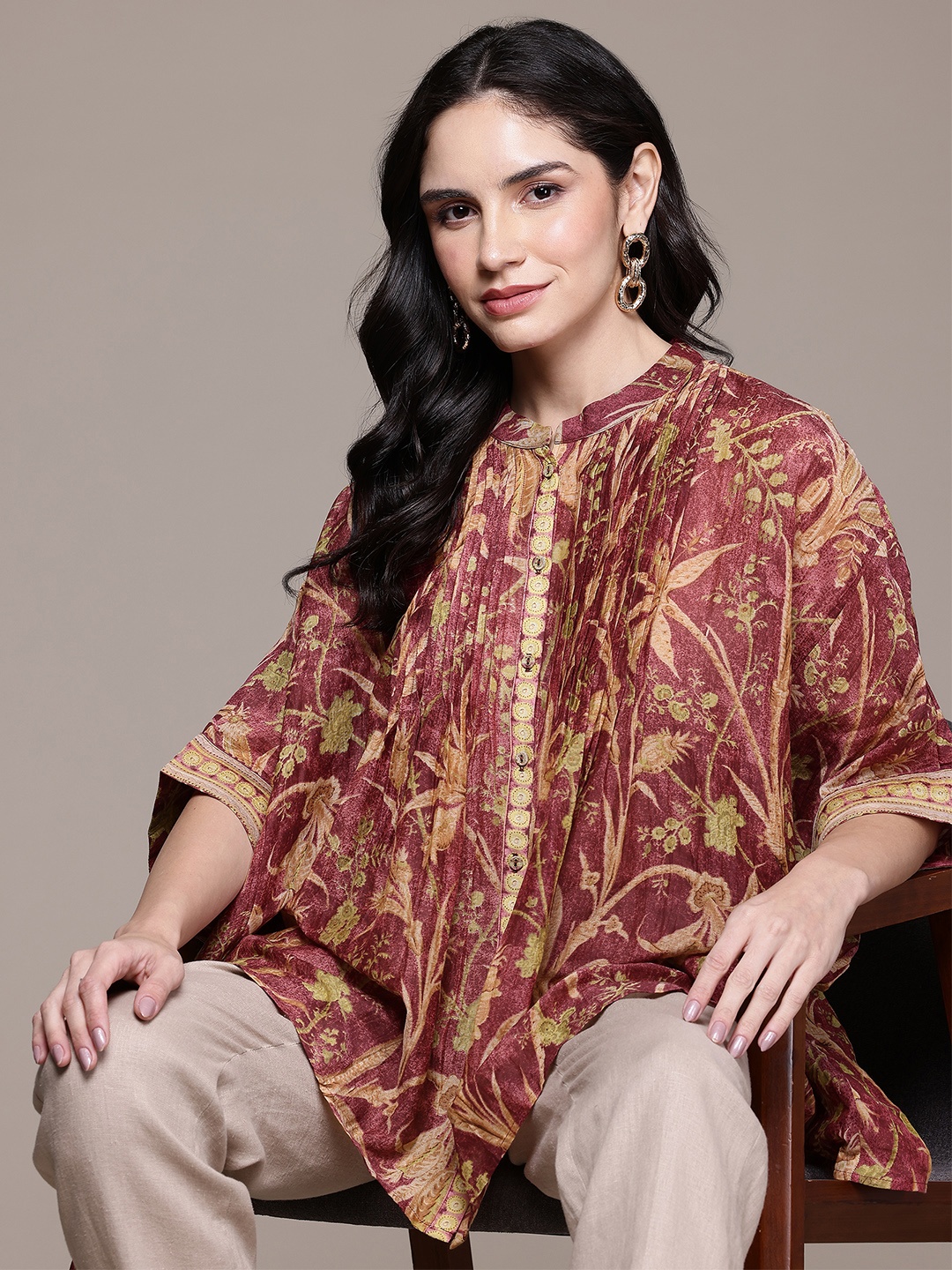 

Ritu Kumar Mandarin Collar Printed Tunic, Burgundy