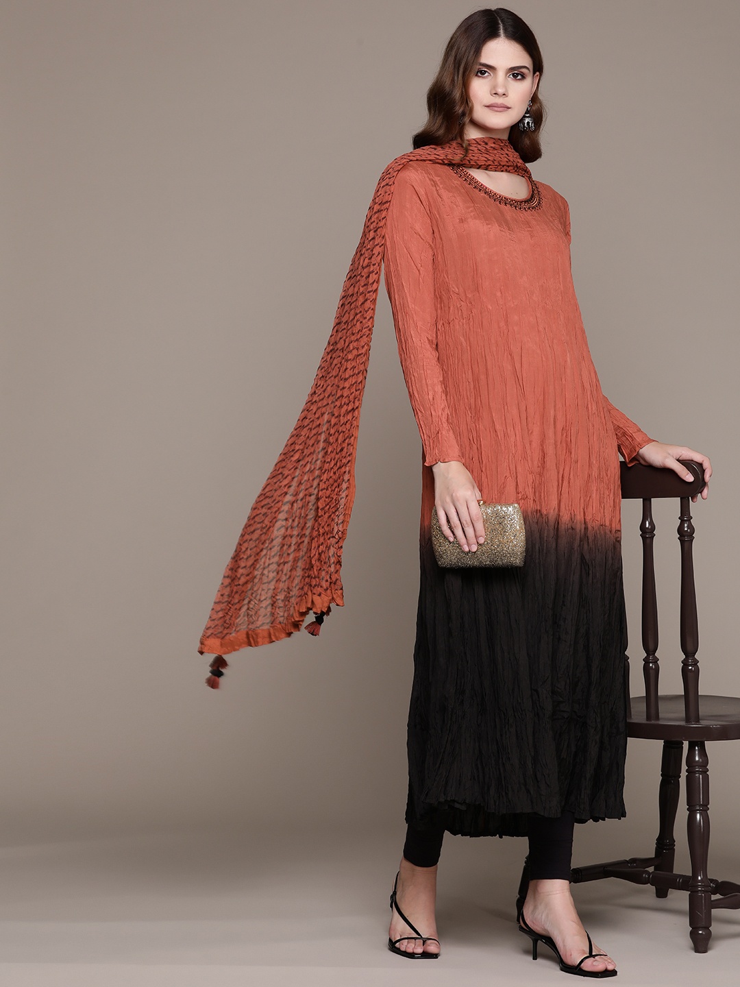 

Ritu Kumar Ombre Dyed Thread Work Kurta & Leggings With Dupatta, Rust