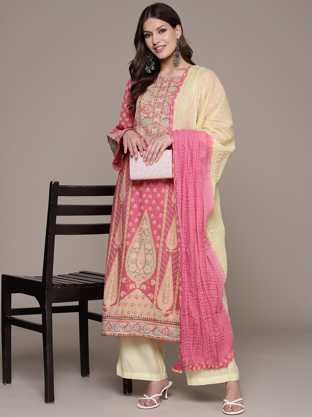 

Ritu Kumar Ethnic Motifs Embroidered Mirror Work Kurta with Palazzos & Dupatta, Pink