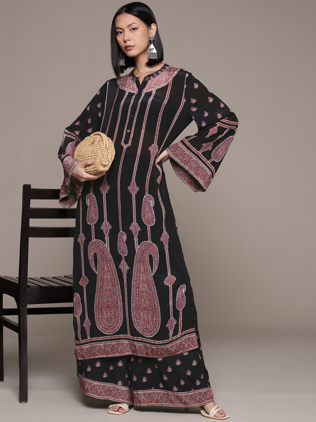 

Ritu Kumar Ethnic Motifs Printed Crepe Flared Sleeves Kurta with Palazzos, Black