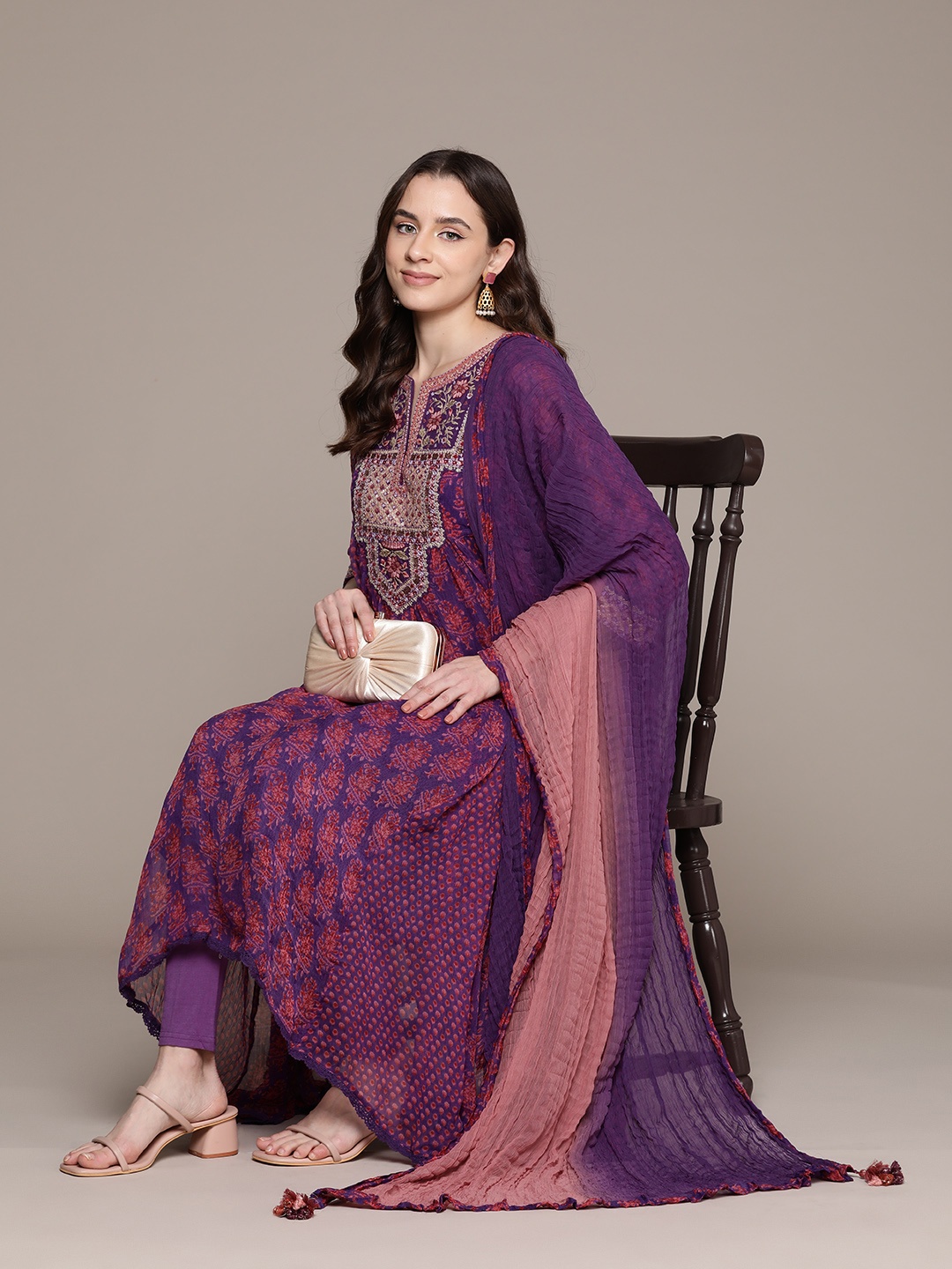 

Ritu Kumar Printed Yoke Embroidered Anarkali Kurta With Leggings & Dupatta, Purple