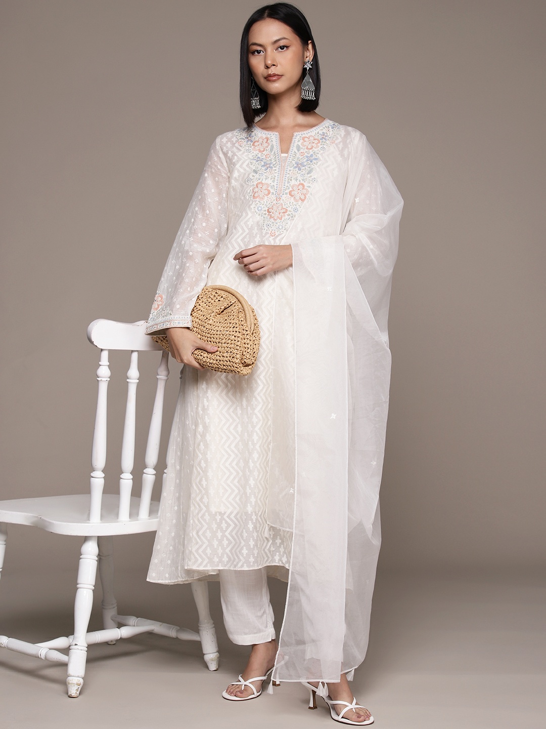 

Ritu Kumar Floral Embroidered Thread Work Kurta with Palazzos & Dupatta, Off white