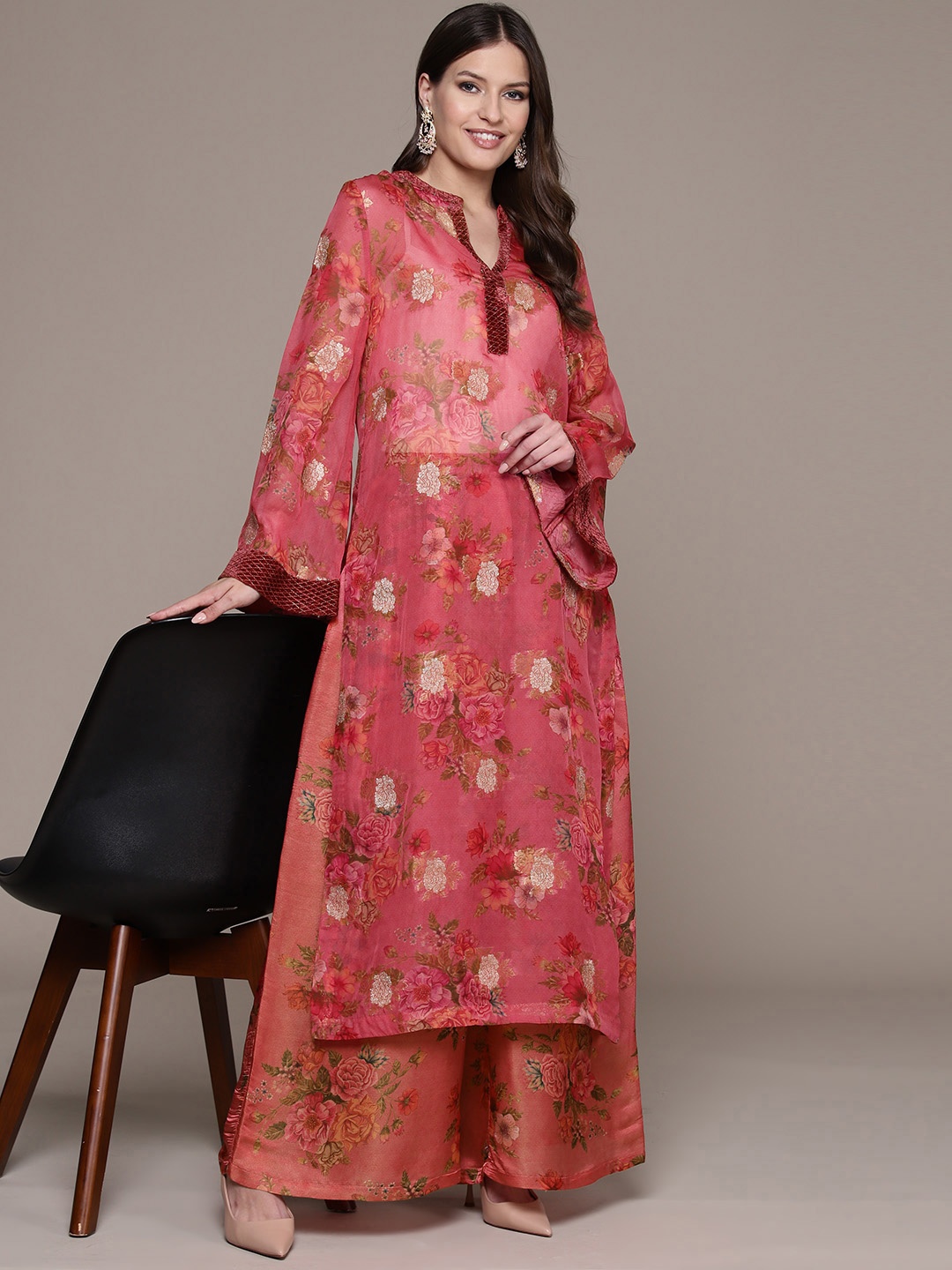 

Ritu Kumar Floral Printed Regular Beads & Stones Jacquard Kurta with Palazzos, Coral