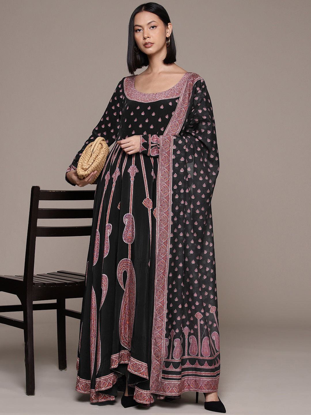 

Ritu Kumar Ethnic Motifs Printed Pleated Anarkali Kurta With Leggings & Dupatta, Black
