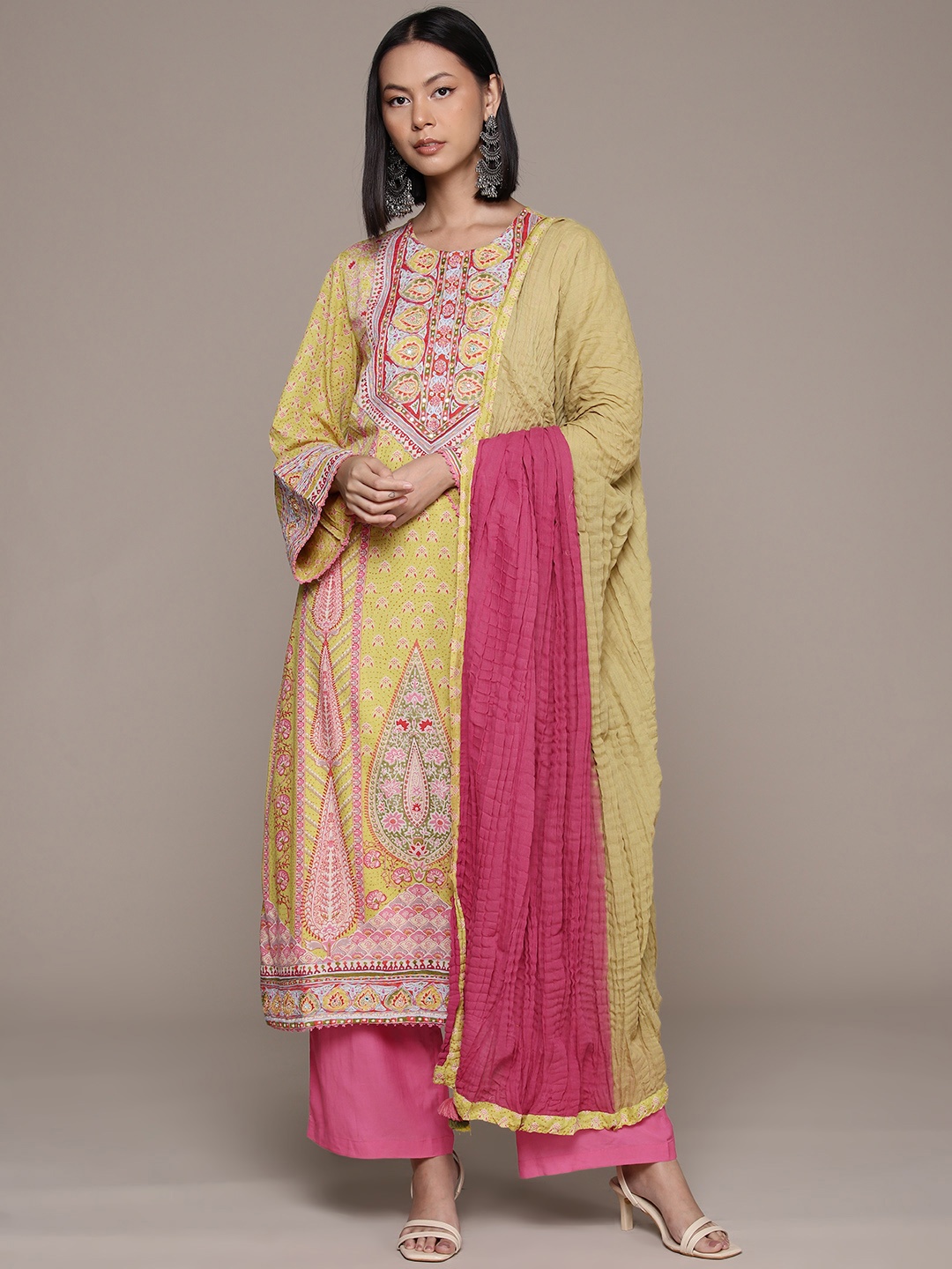 

Ritu Kumar Ethnic Motifs Embroidered Mirror Work Kurta with Palazzos & Dupatta, Lime green