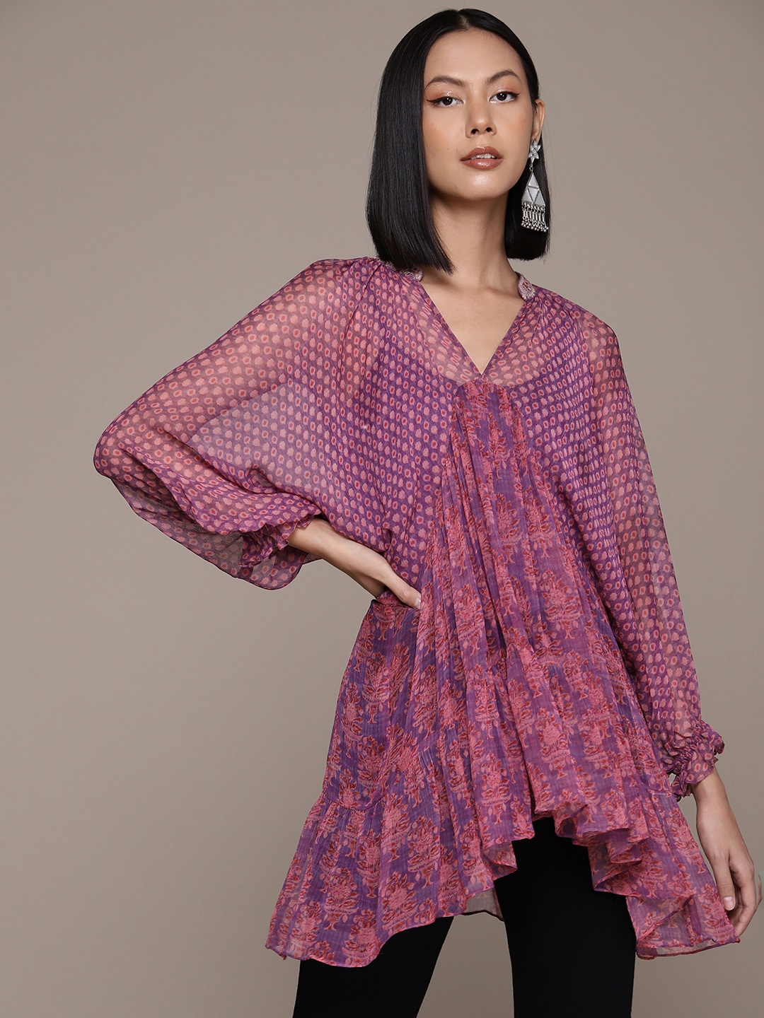 

Ritu Kumar Mandarin Collar Printed Sheer Tunic with Camisole, Purple