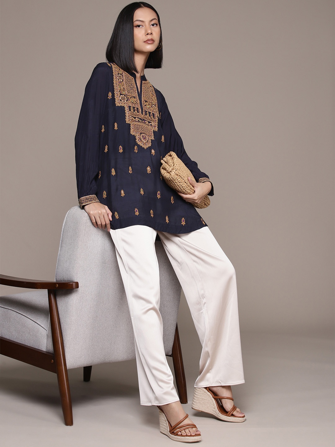 

Ritu Kumar Ethnic Motifs Embroidered Kurti with Camisole, Navy blue