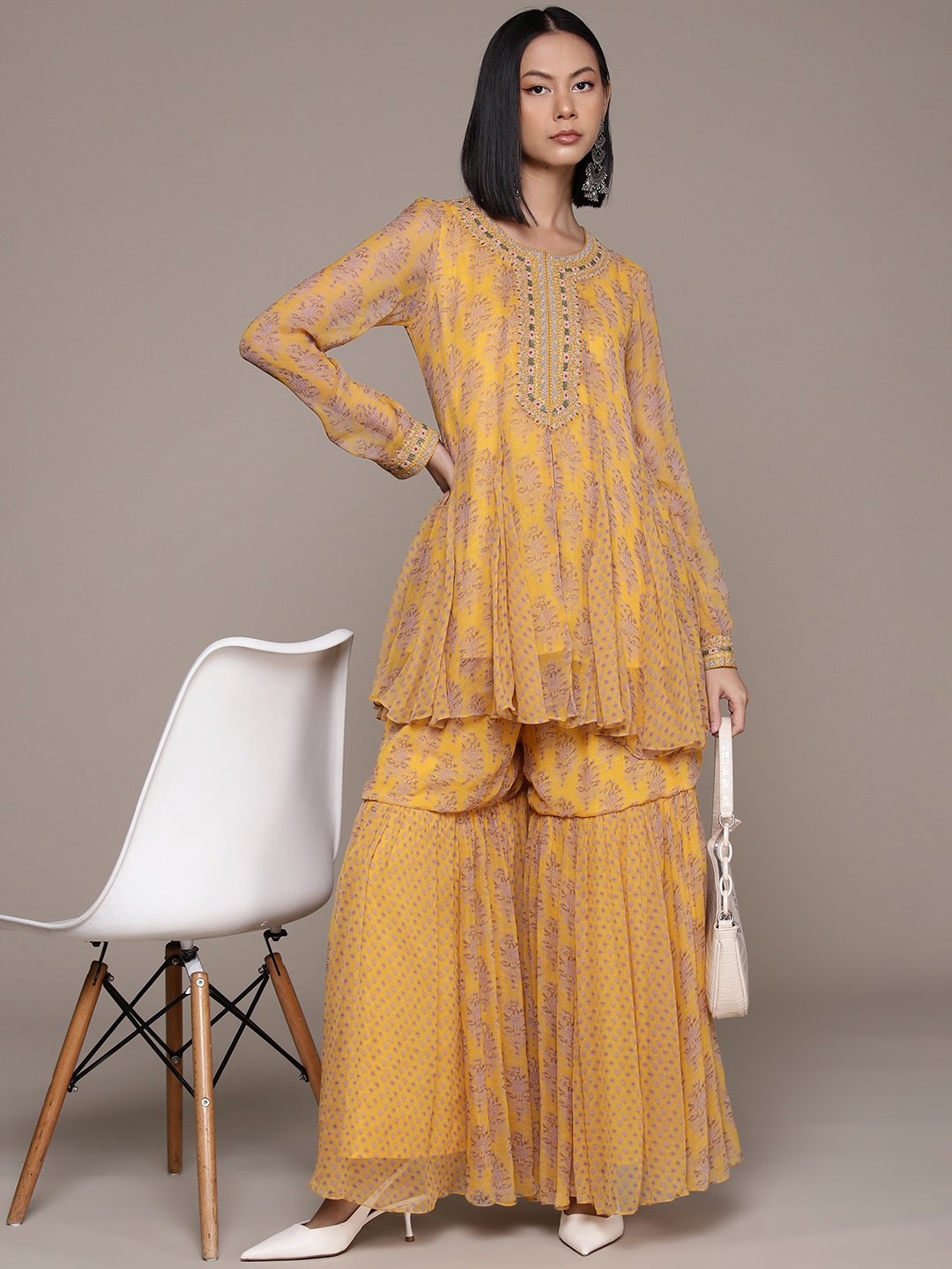 

Ritu Kumar Floral Printed Pleated Sequinned Kurti with Sharara, Yellow