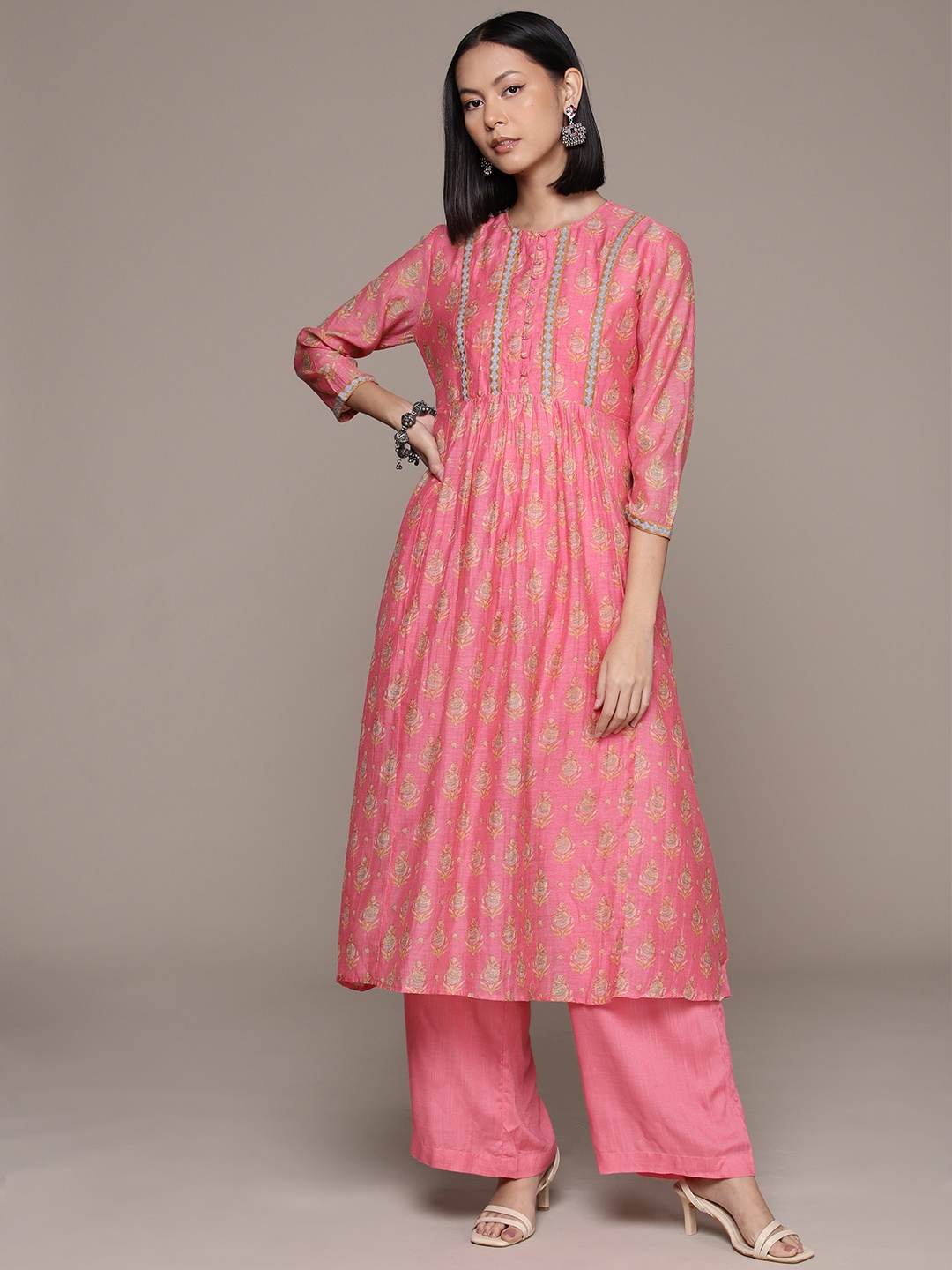 

Ritu Kumar Floral Printed Pleated Thread Work Kurta with Palazzos, Pink
