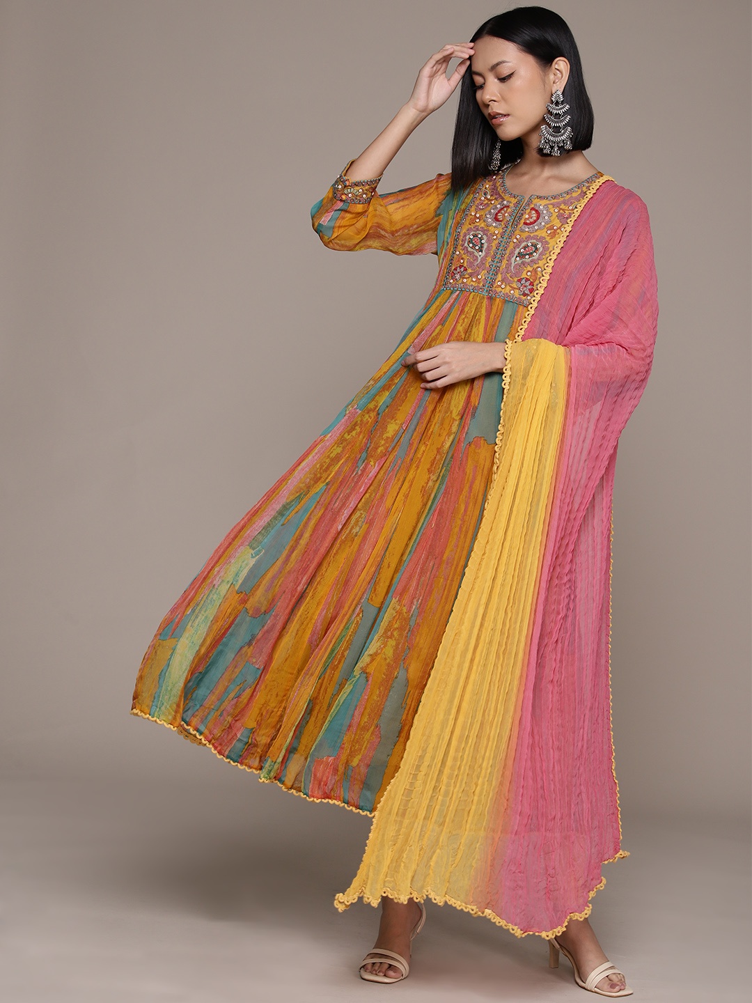 

Ritu Kumar Floral Embroidered Regular Beads & Stones Kurta With Leggings & Dupatta, Yellow