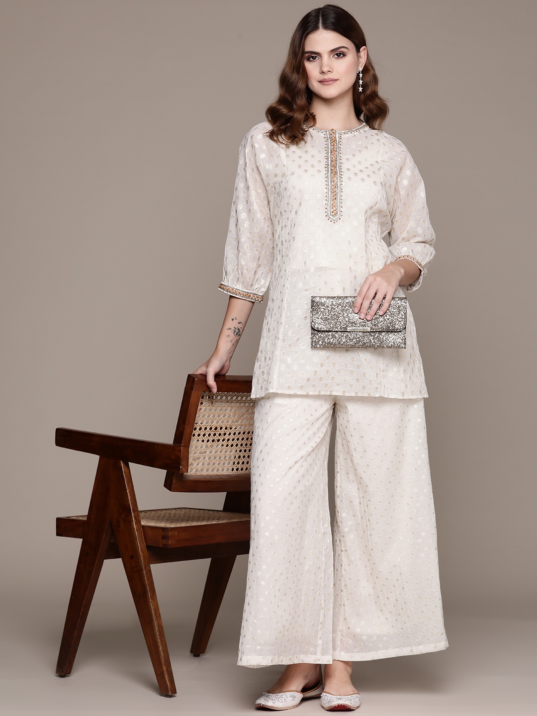 

Ritu Kumar Woven Design Embroidered Kurti with Palazzos, Off white