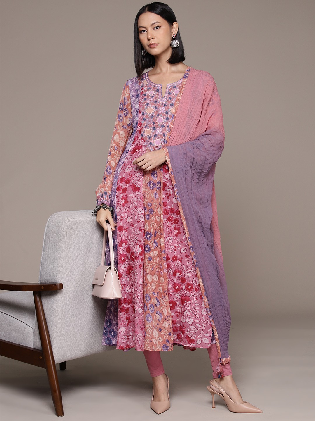 

Ritu Kumar Floral Printed Pleated Beads & Stones Kurta With Leggings & Dupatta, Purple