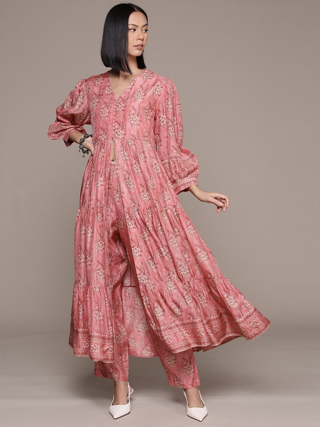 

Ritu Kumar Floral Printed High Slit Kurta with Palazzos, Pink