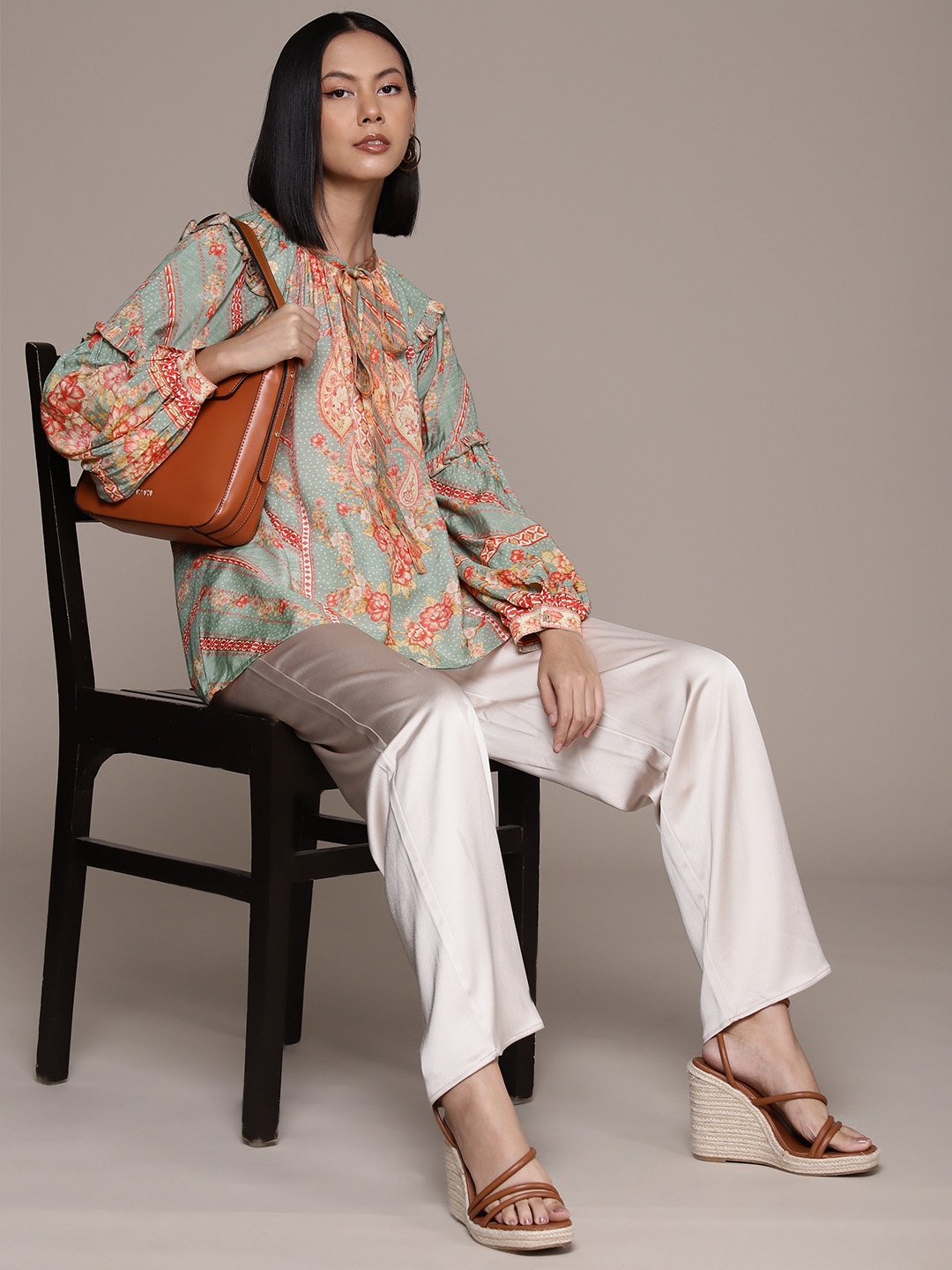 

Ritu Kumar Print Tie-Up Neck Puff Sleeve Ruffles Ethnic Longline Top, Sea green