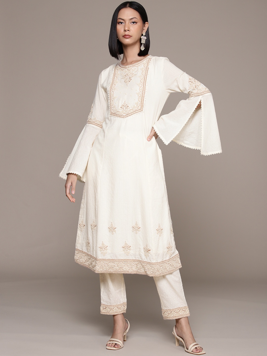 

Ritu Kumar Ethnic Motifs Embroidered Beads & Stones Pure Cotton Kurta with Palazzos, Off white