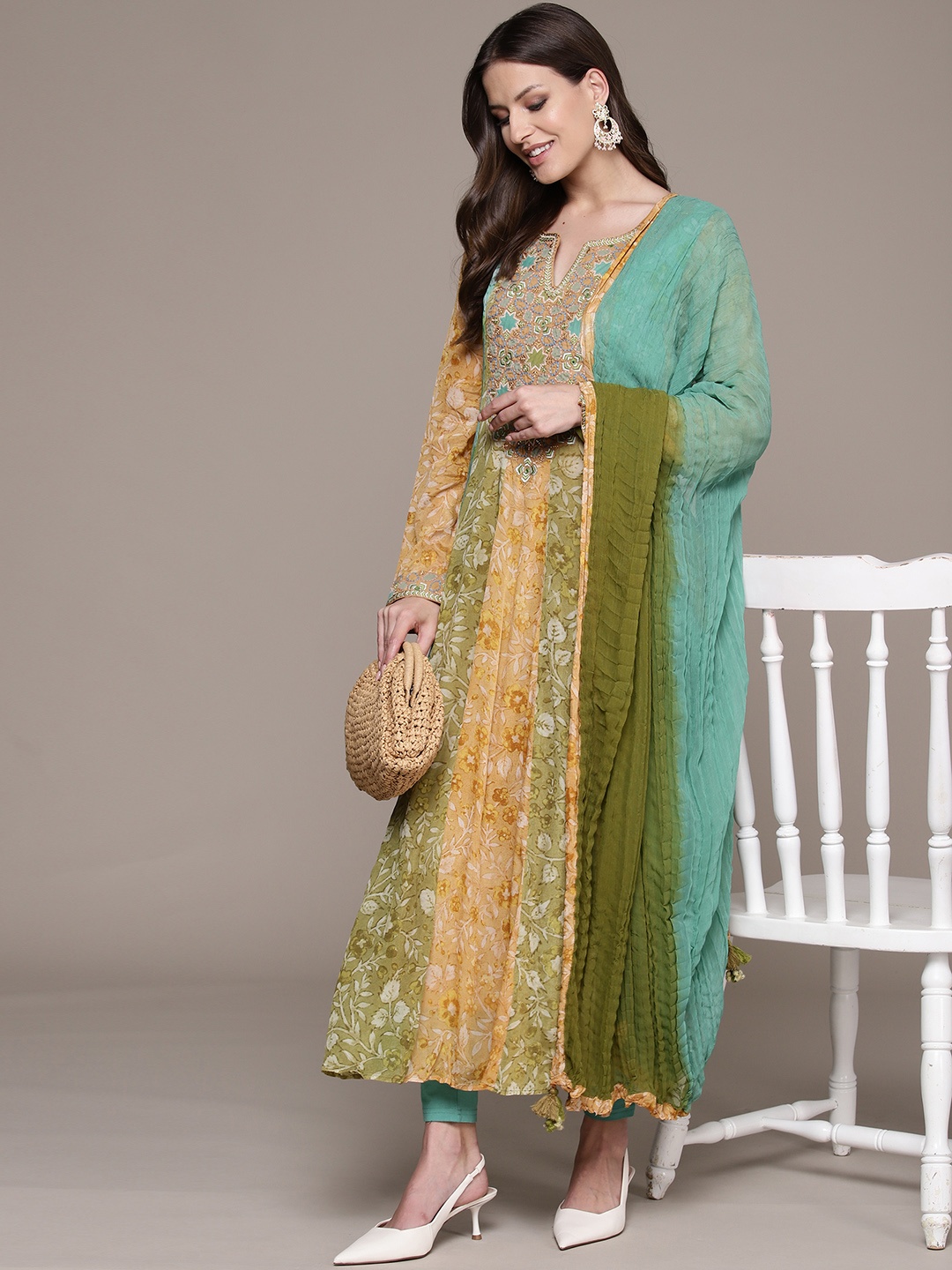 

Ritu Kumar Floral Printed Pleated Beads & Stones Kurta With Dupatta, Sea green